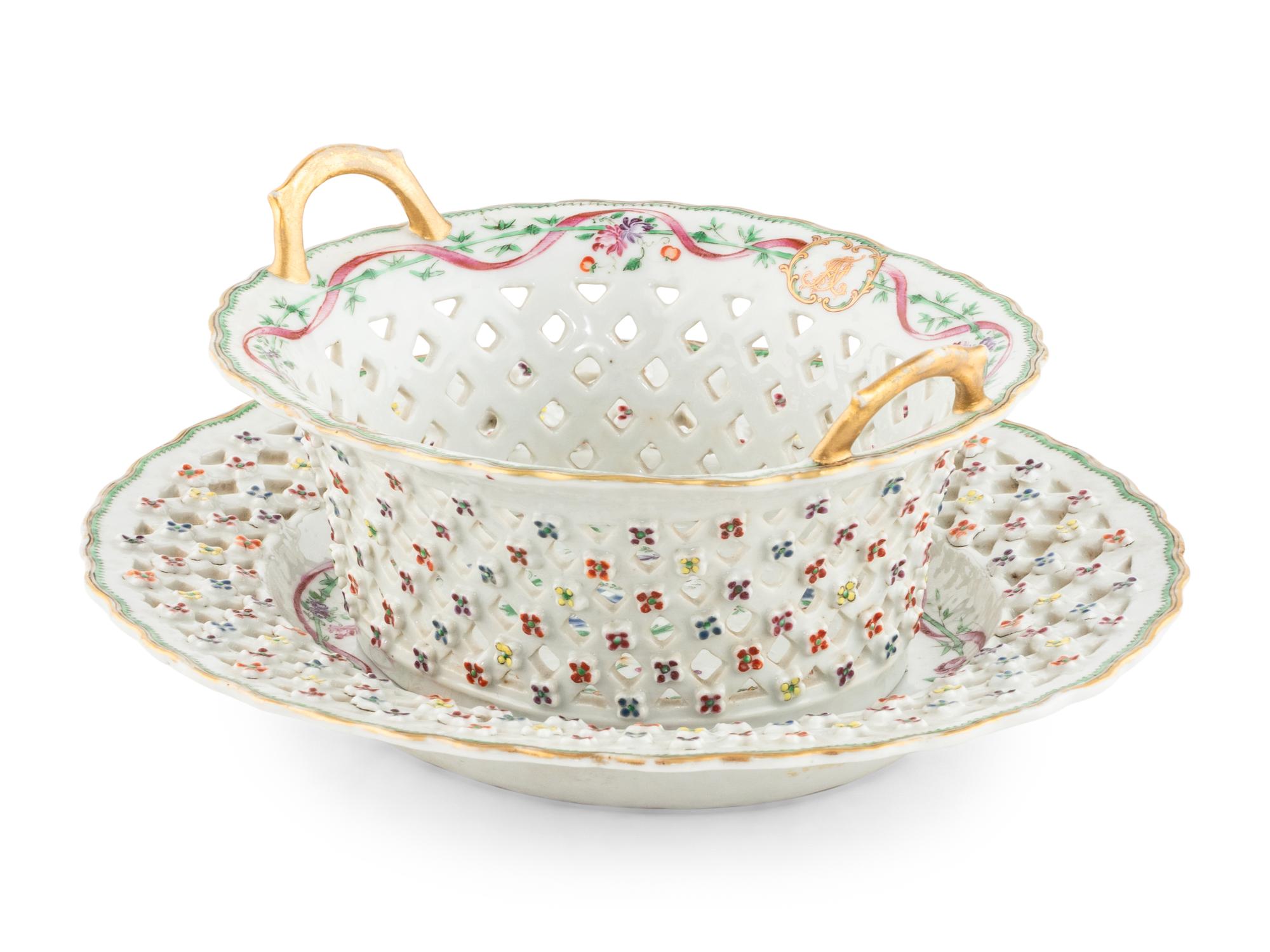A Chinese Export Armorial Porcelain Reticulated Basket and Underplate