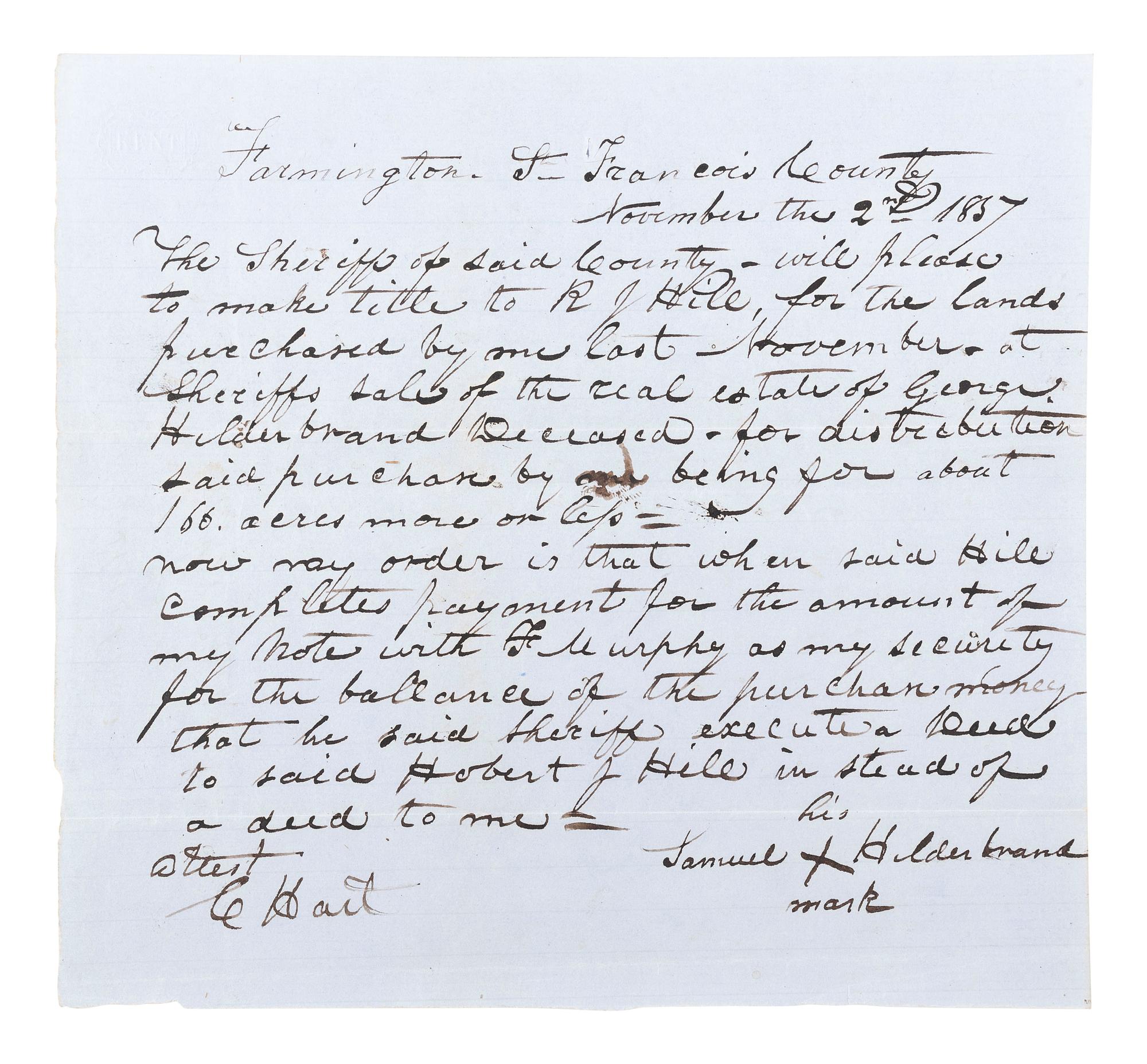 HILDEBRAND, Samuel (1836-1872). Pre-Civil War manuscript bearing X-mark signature of the notorious Missouri "Bushwacker." 2 November 1857.