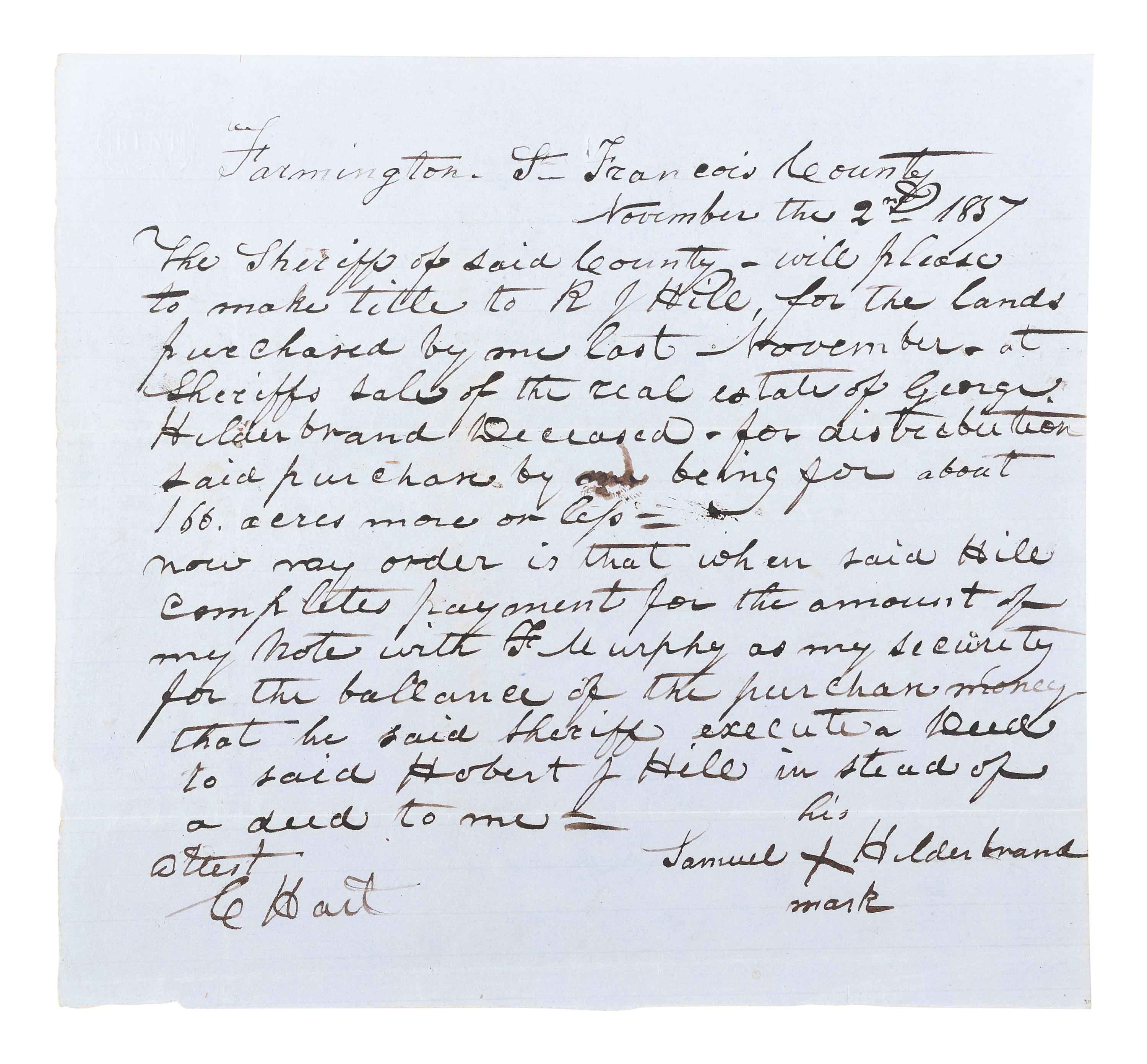 HILDEBRAND, Samuel (1836-1872). Pre-Civil War manuscript bearing X-mark signature of the notorious Missouri "Bushwacker." 2 November 1857.