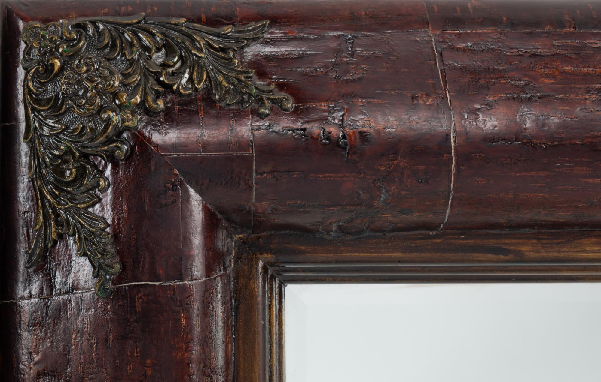 A Pair of Continental Metal Mounted Bark-Veneered Mirrors