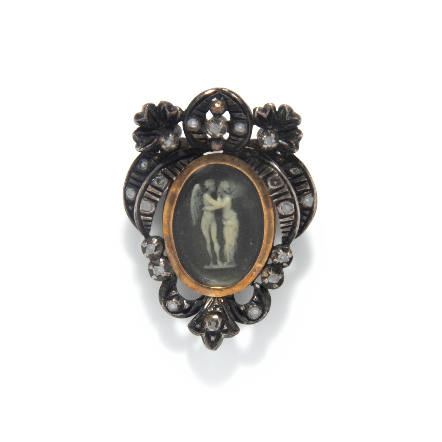 ANTIQUE, DIAMOND, SILVER, AND GOLD 'LOVER'S CAMEO' BROOCH