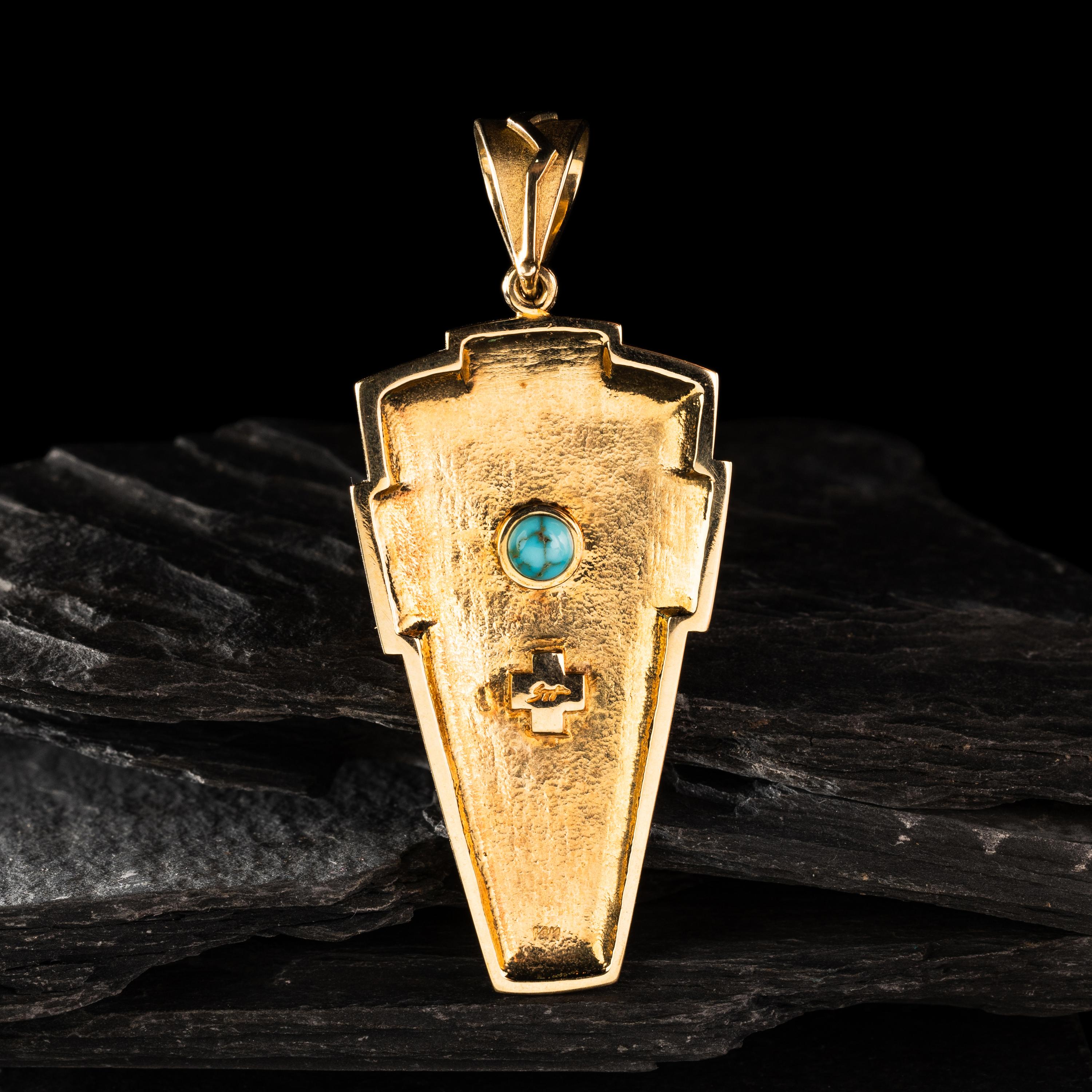 Don Supplee (Hopi, b. 1965) — 14K Gold Tufa Cast, Coral, Turquoise, and Diamond Pendant