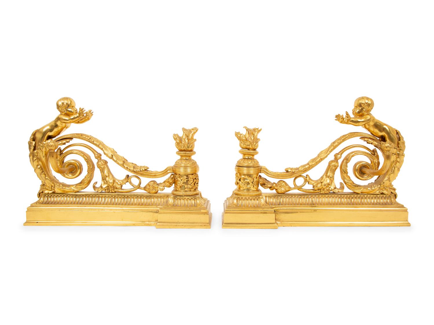 A Pair of Louis XVI Style Gilt Bronze Chenets