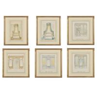 Attributed to Eugène Dienst (French, 19th Century), A Group of Six Hand-Drawn and Painted Studies of French Interiors