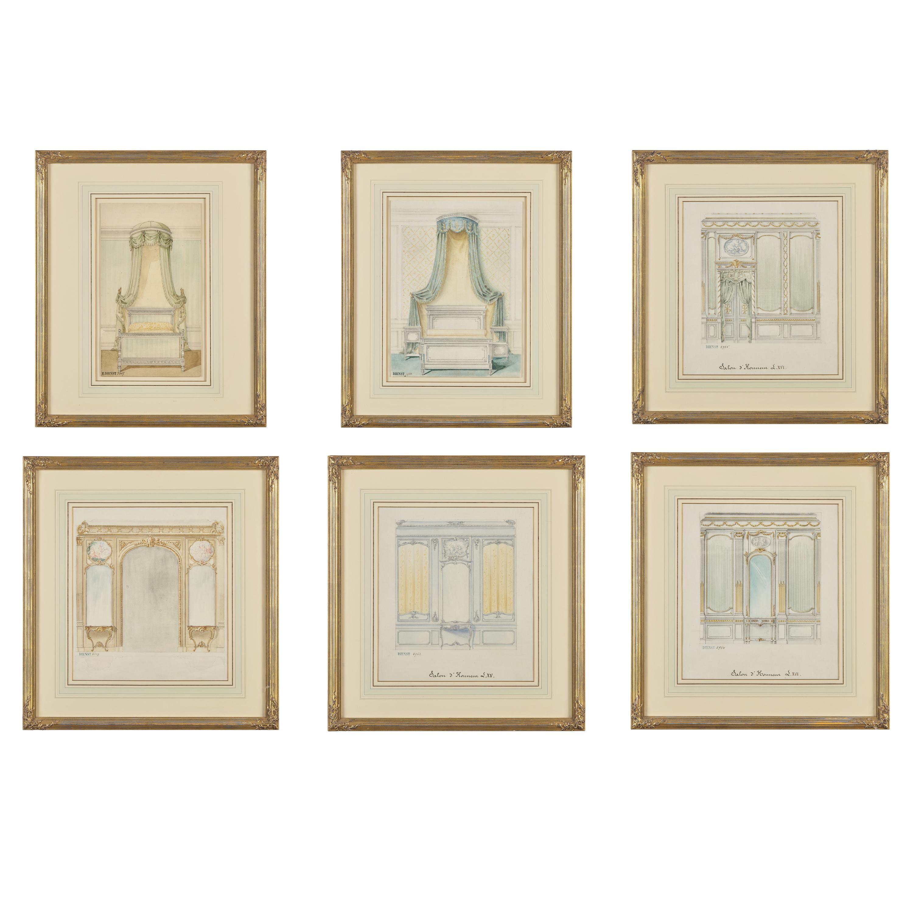 Attributed to Eugène Dienst (French, 19th Century), A Group of Six Hand-Drawn and Painted Studies of French Interiors