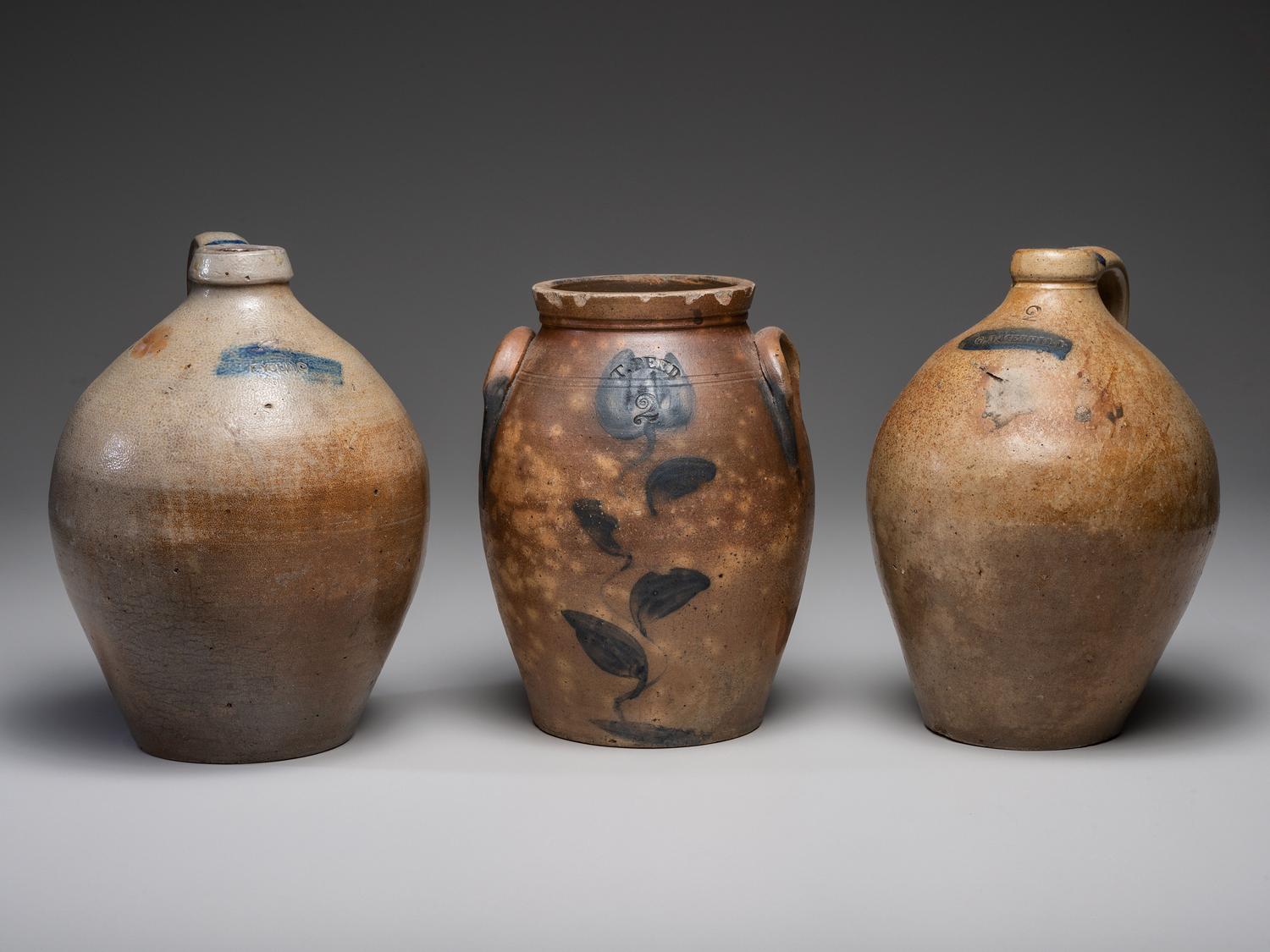 Three Cobalt Decorated Stoneware Vessels