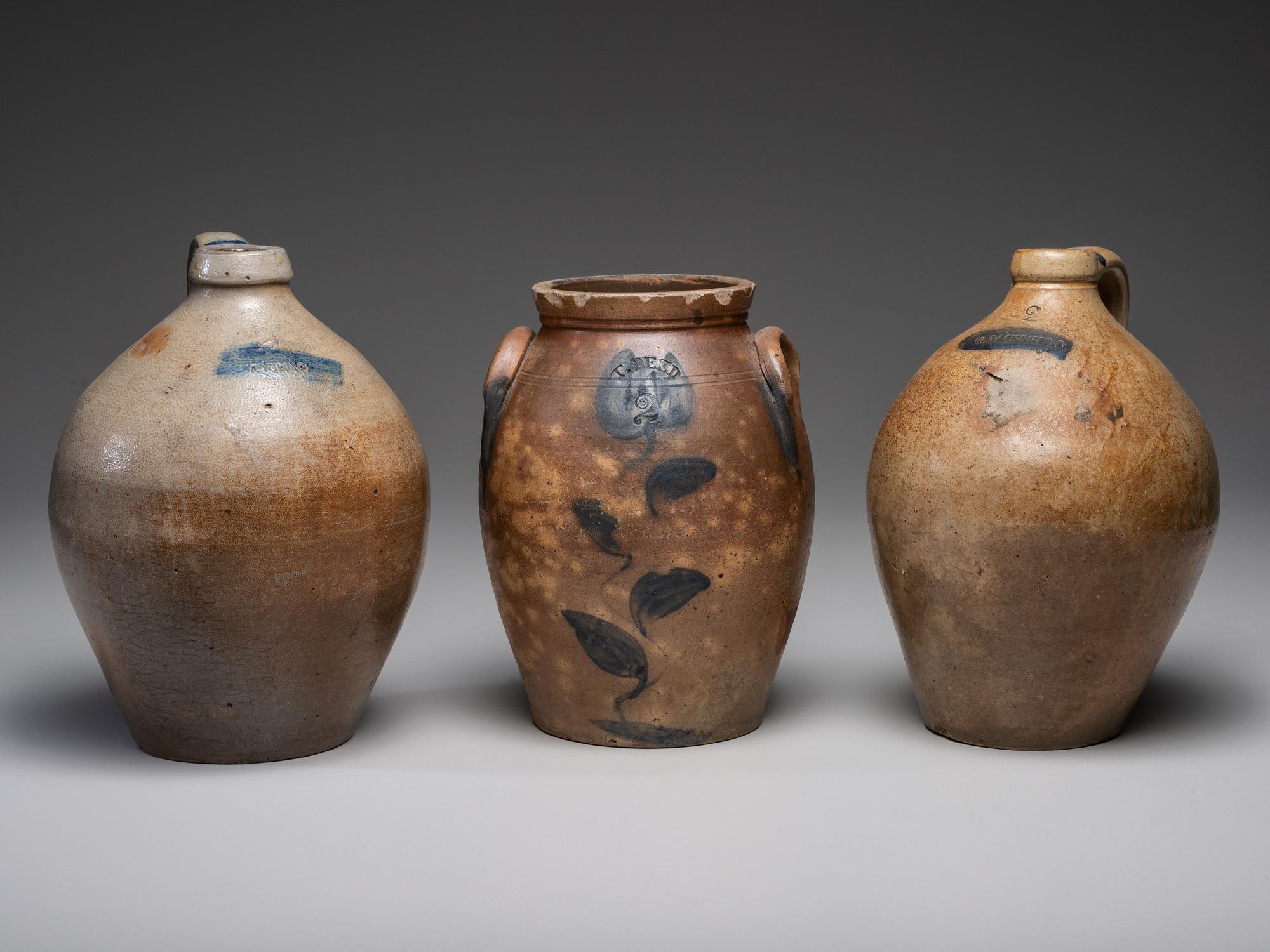 Three Cobalt Decorated Stoneware Vessels