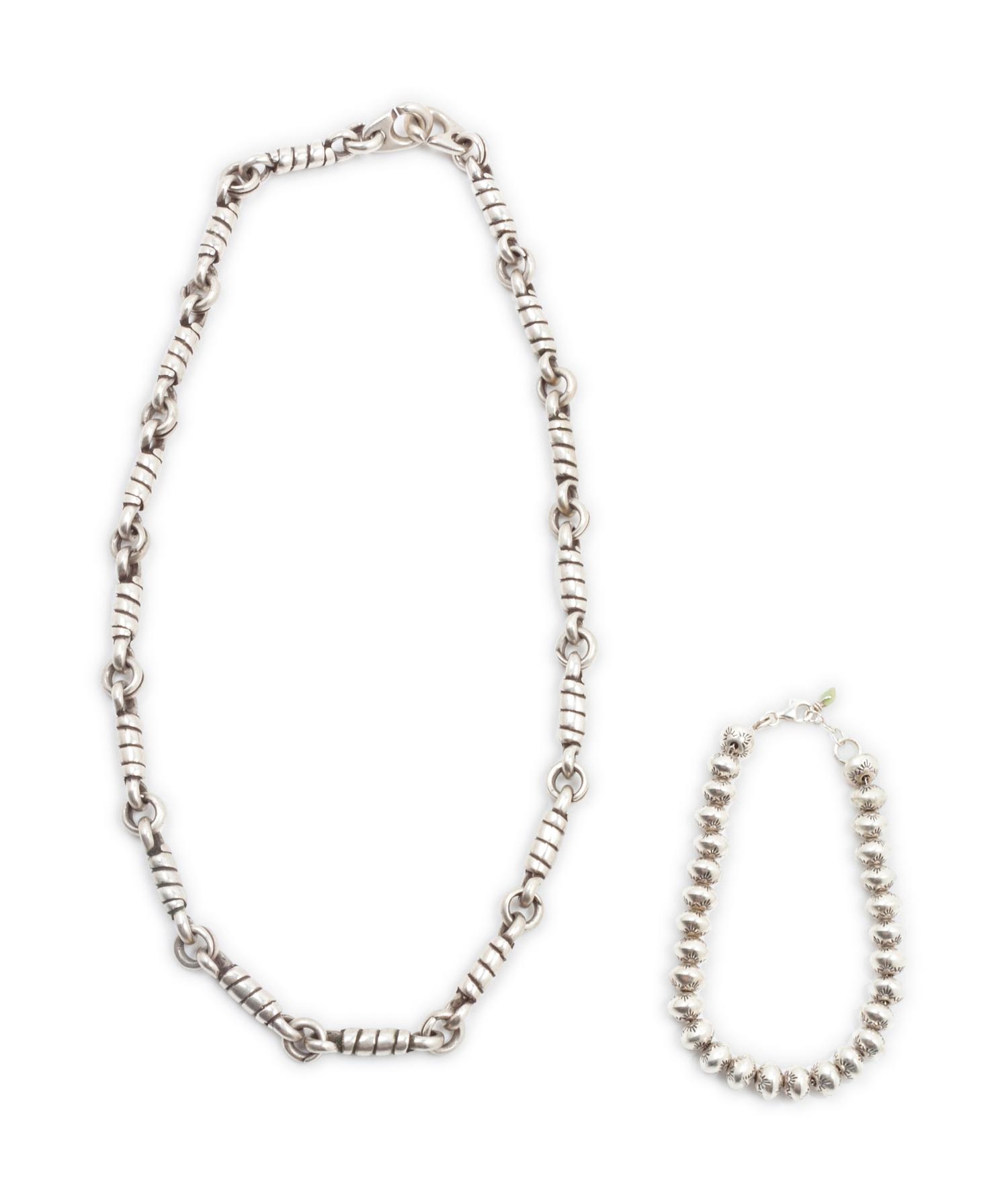Southwestern Sterling Silver Necklace and Silver Bead Bracelet