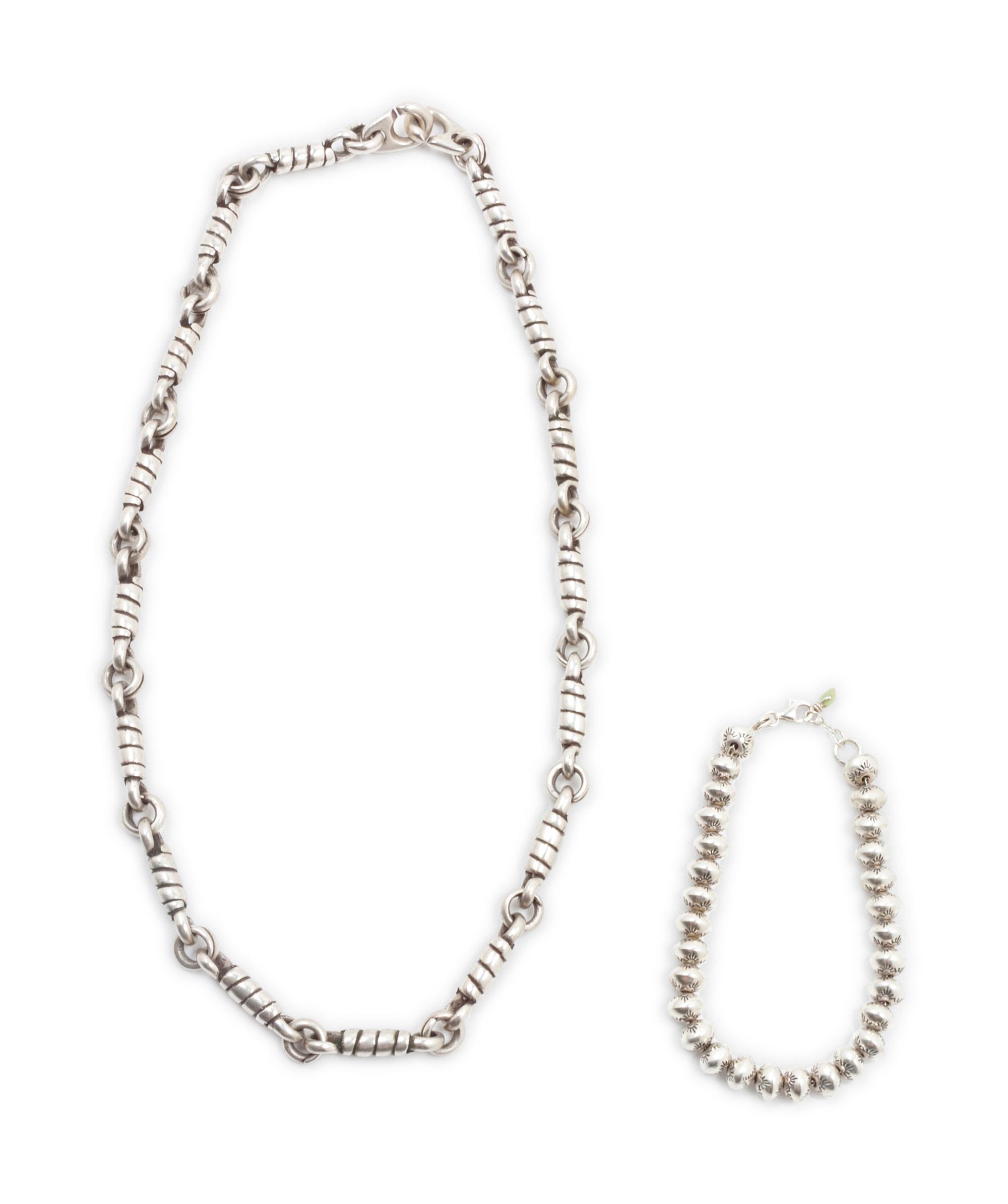 Southwestern Sterling Silver Necklace and Silver Bead Bracelet