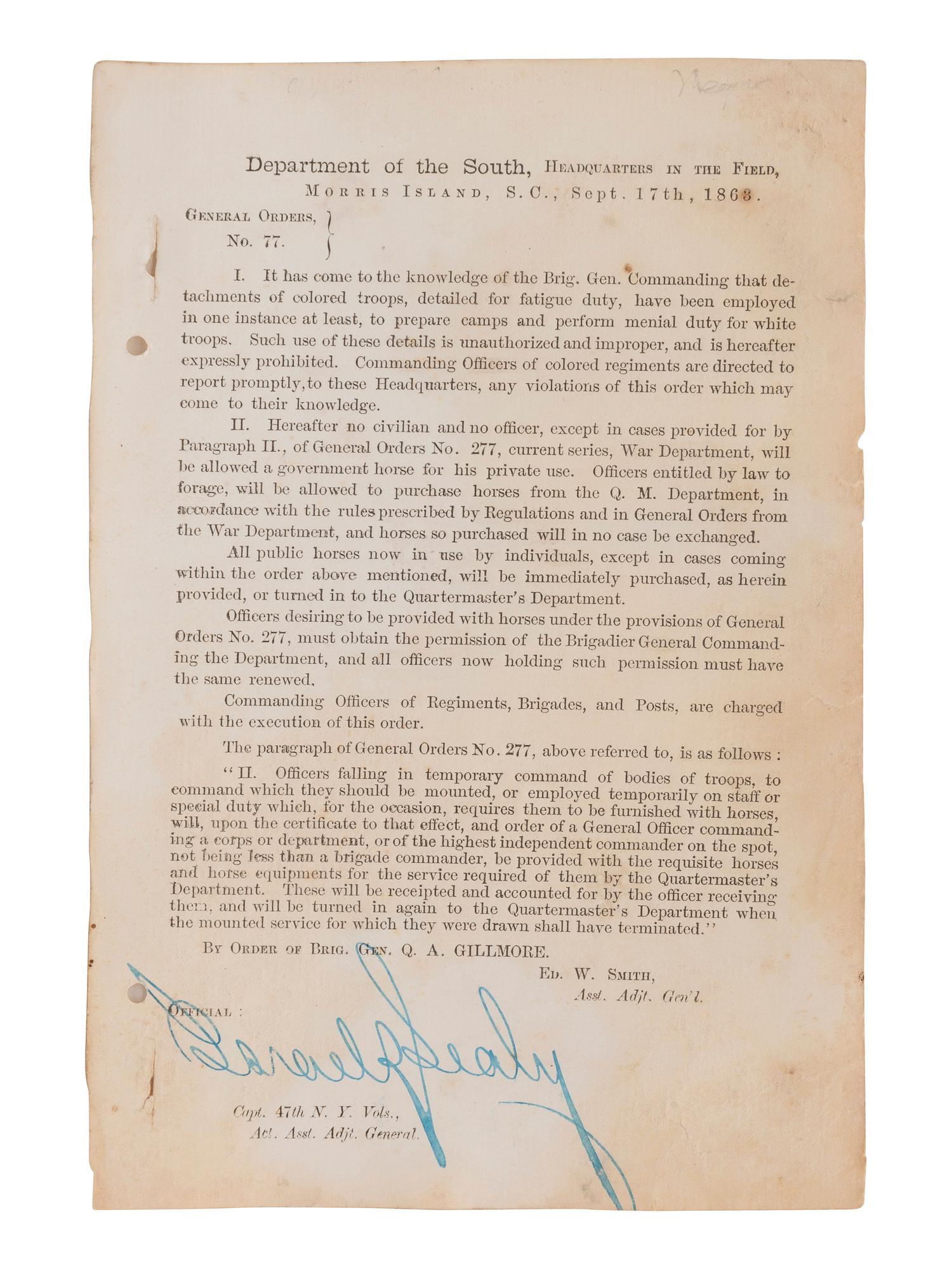 [CIVIL WAR]. Gen. Orders, No.77, Dept. of the South, prohibiting improper use of US Colored Troops.