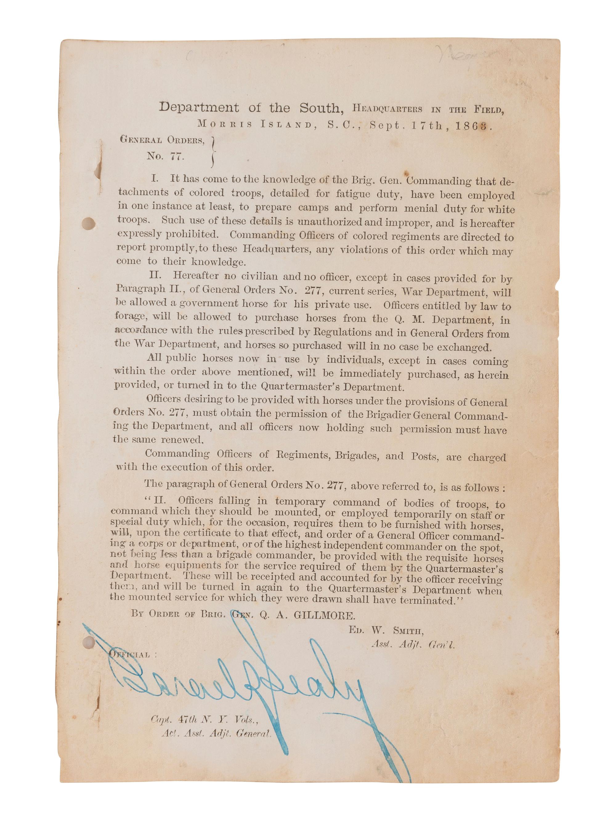 [CIVIL WAR]. Gen. Orders, No.77, Dept. of the South, prohibiting improper use of US Colored Troops.