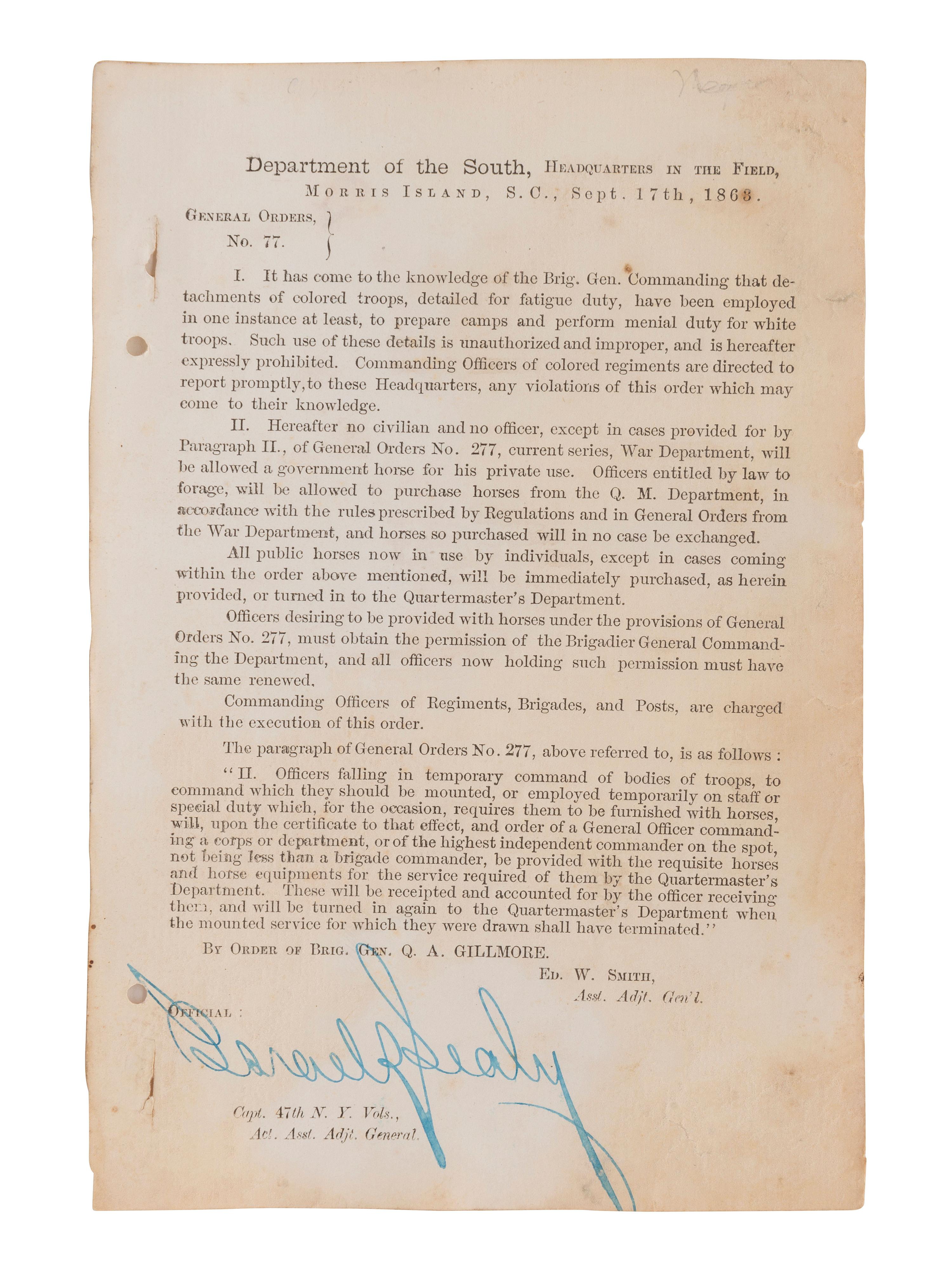 [CIVIL WAR]. Gen. Orders, No.77, Dept. of the South, prohibiting improper use of US Colored Troops.