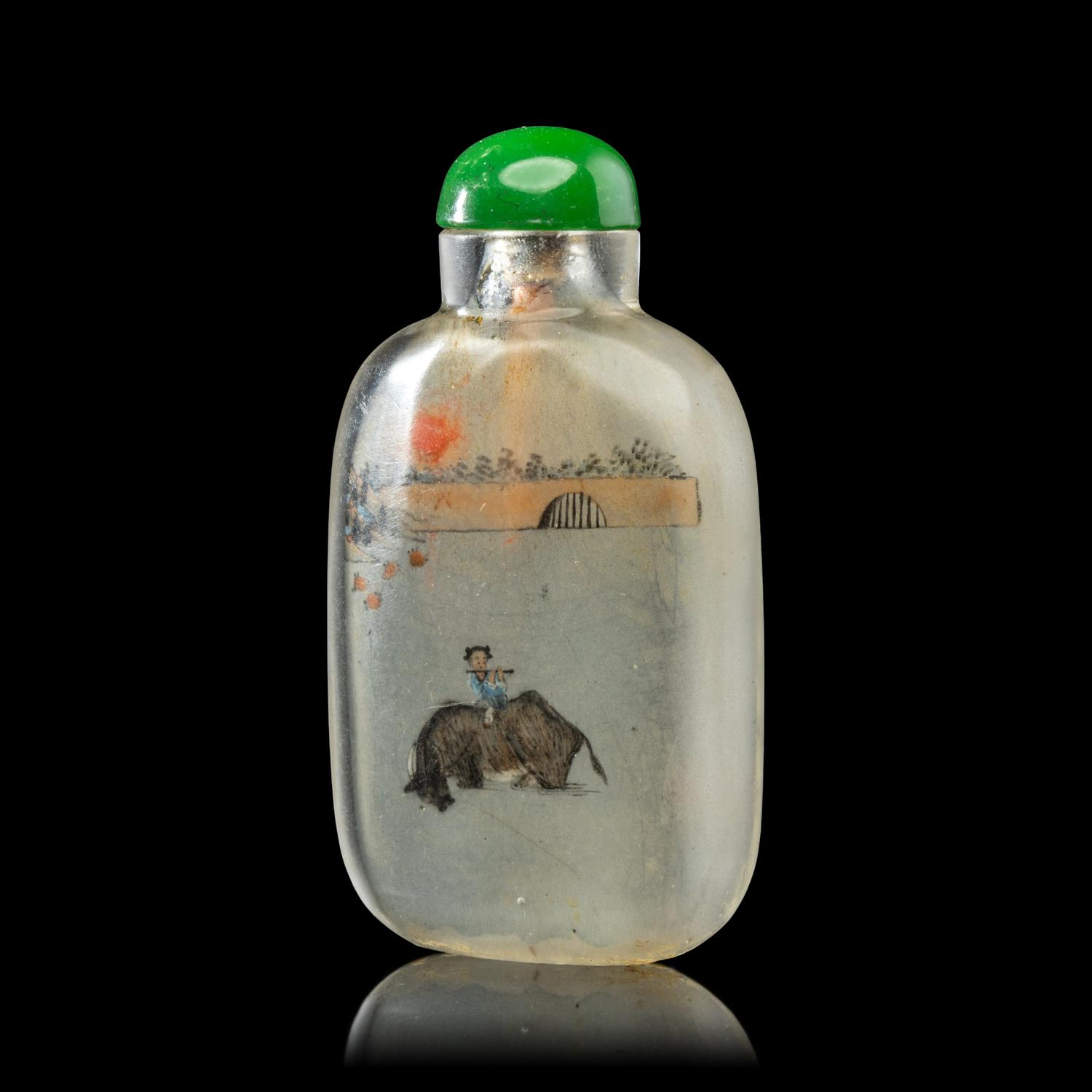 A Chinese Inside Painted Glass Snuff Bottle, Signed Ma Shaoxuan (1867-1939) 馬少宣內畫玻璃牧童吹笛圖鼻煙壺