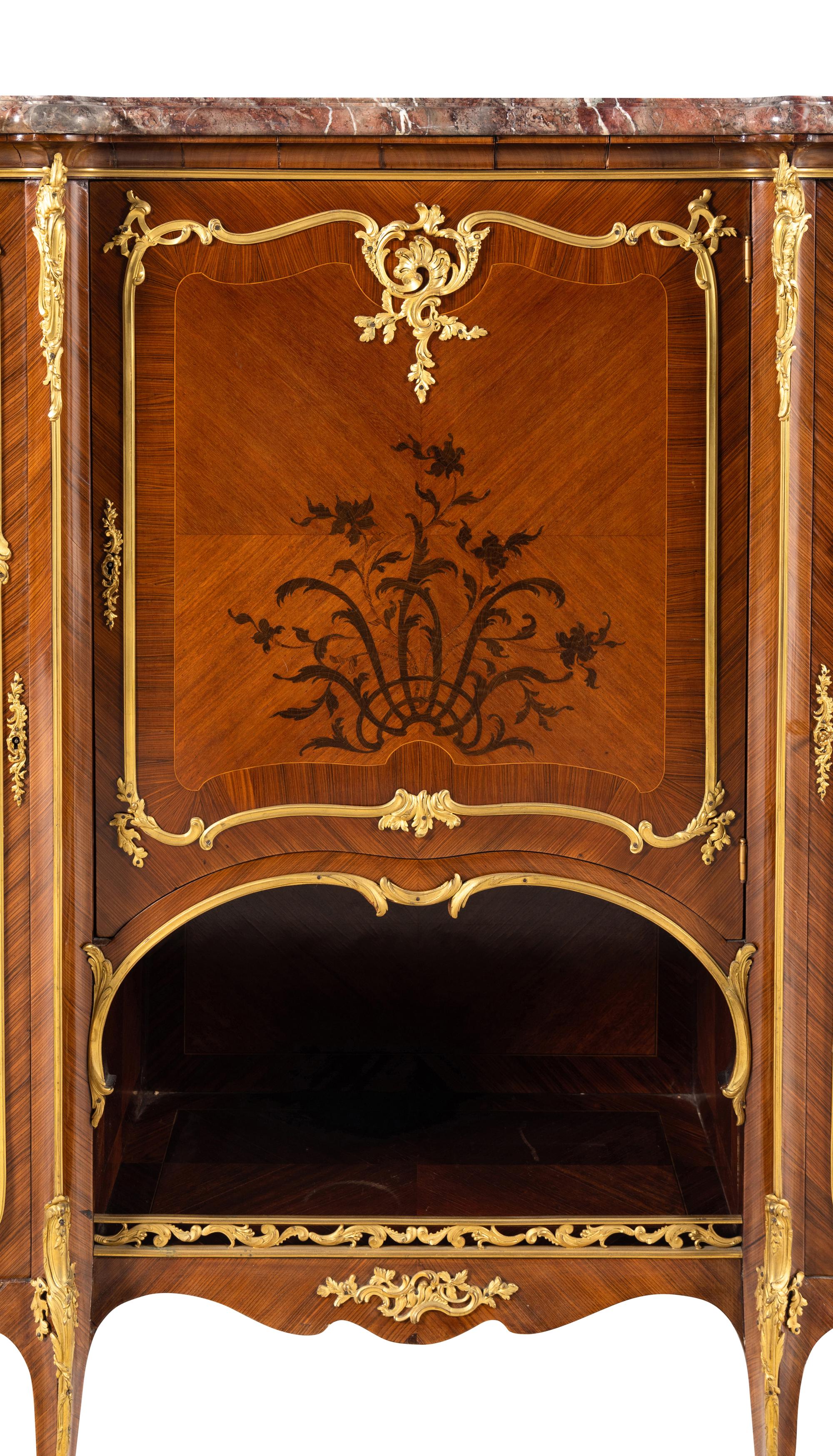 A Louis XV Style Gilt Bronze Mounted Kingwood and Marquetry Marble-Top Vitrine