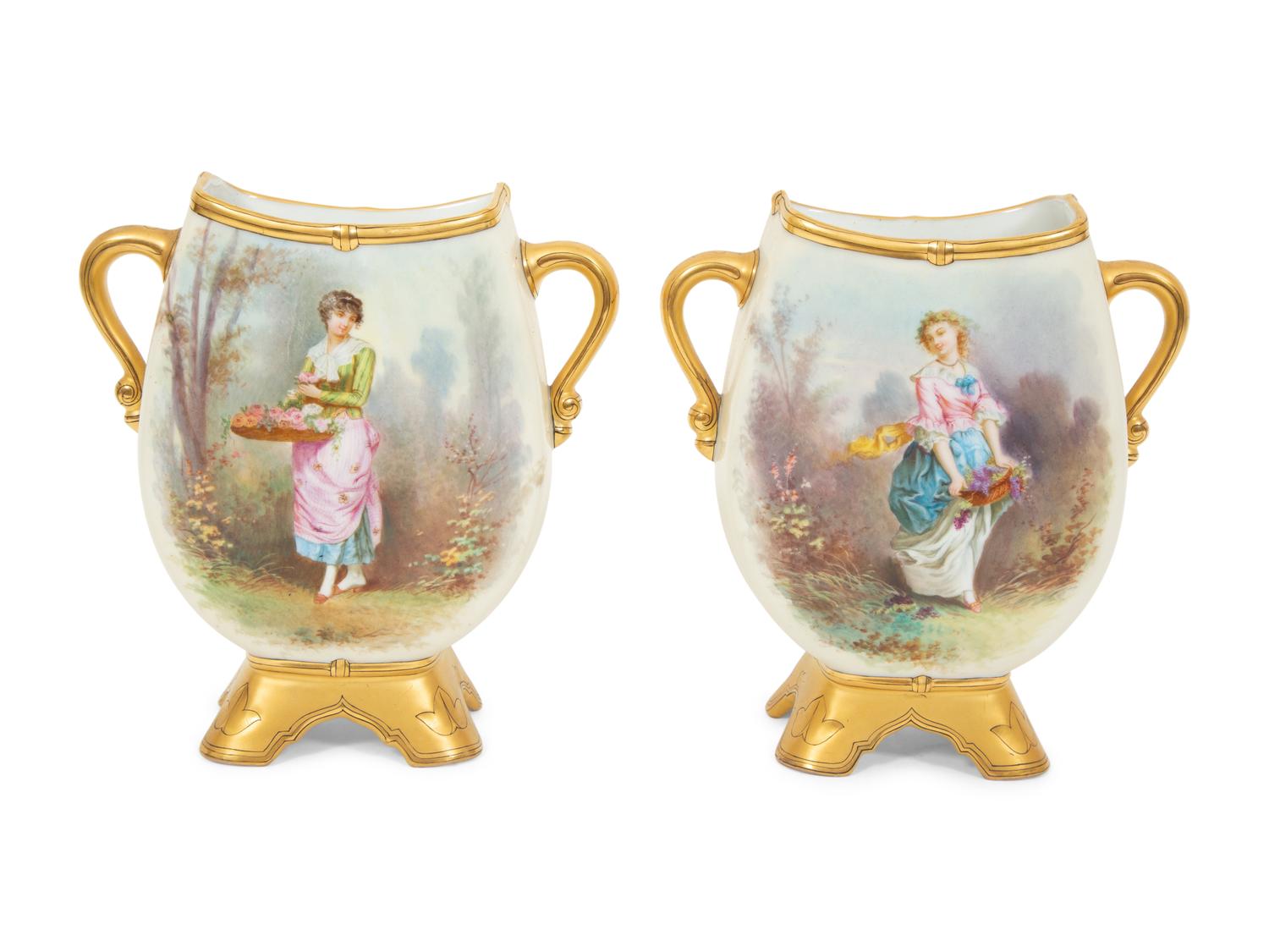 Pair of Continental Painted Porcelain Footed Vases