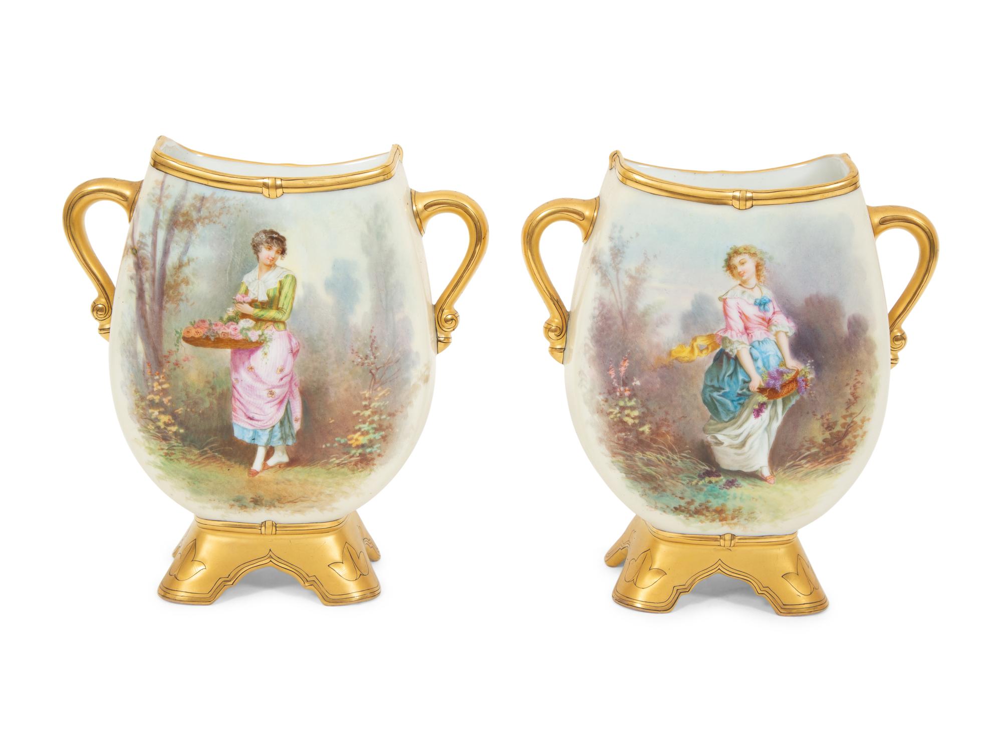 Pair of Continental Painted Porcelain Footed Vases