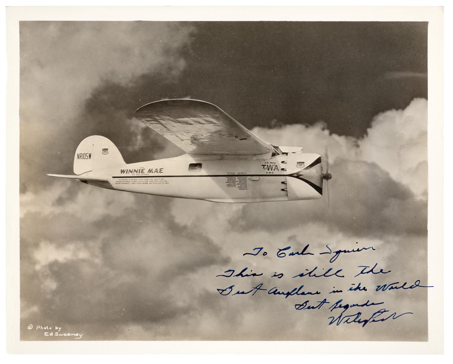 [AVIATION] -- POST, Wiley (1898-1935). Photograph signed and inscribed ("To Carl Squier-, This is still the Best Airplane in the World, Best regards, Wiley Post").