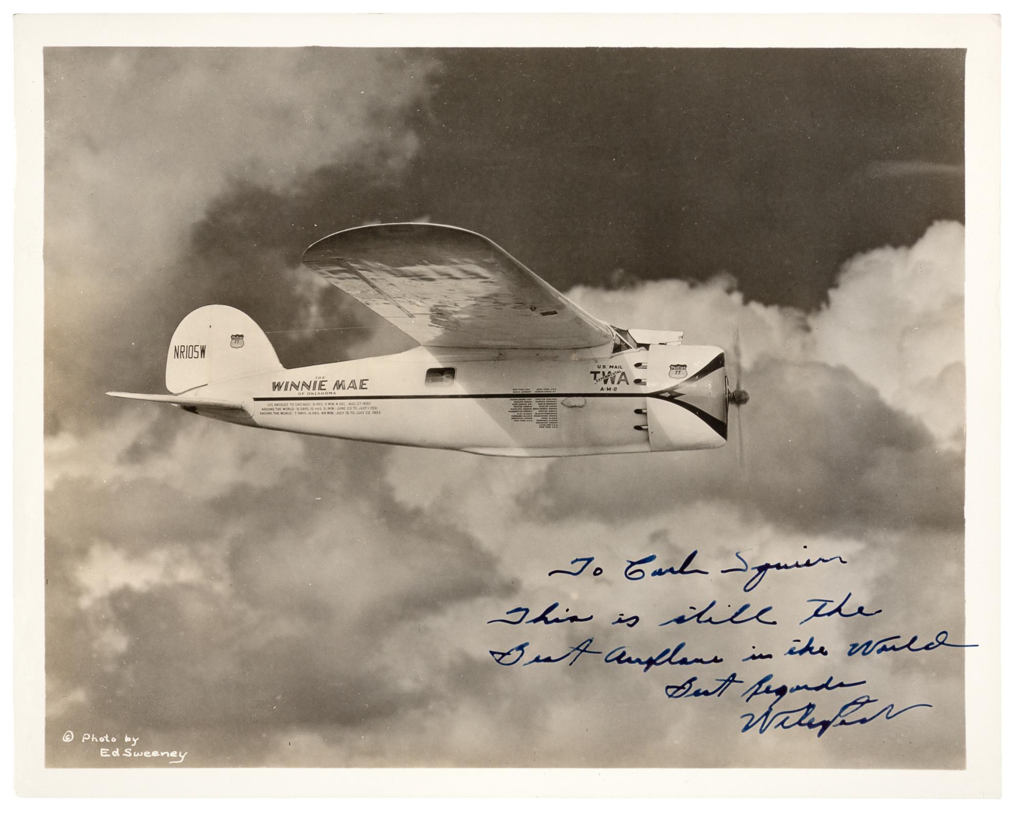 [AVIATION] -- POST, Wiley (1898-1935). Photograph signed and inscribed ("To Carl Squier-, This is still the Best Airplane in the World, Best regards, Wiley Post").