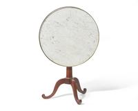A Louis XVI inlaid fruitwood tilt-top gueridon table with white marble top, circa 1790