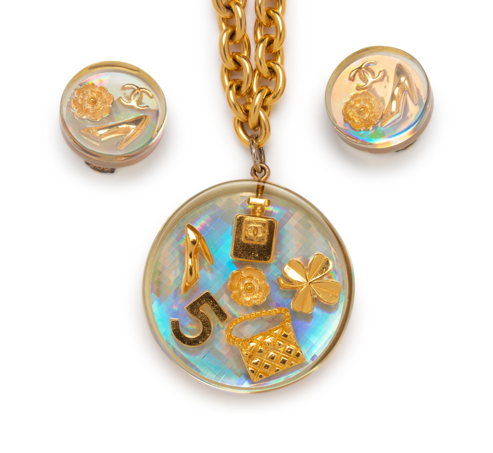 Chanel Goldtone Lucite Pendant & Matching Pair of Ear Clips, 1997