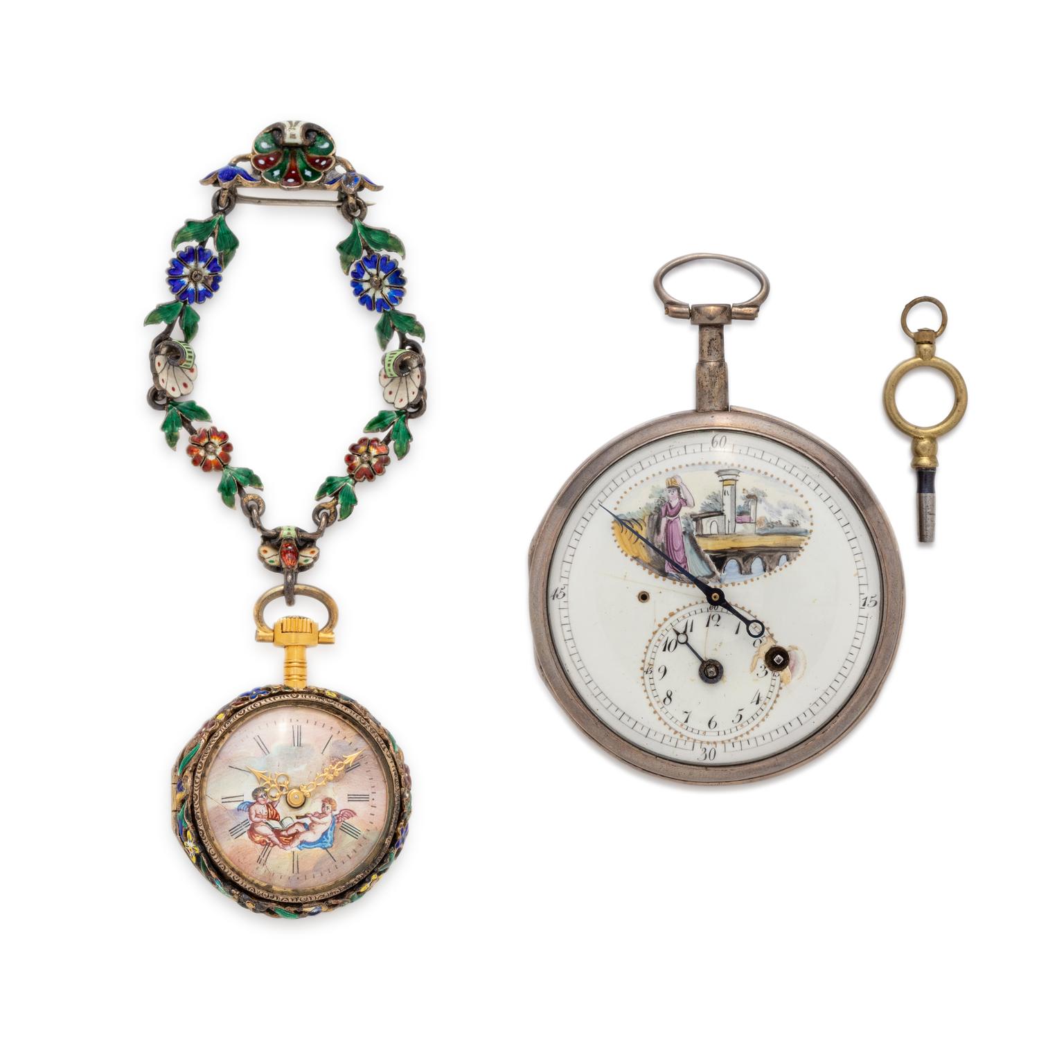 COLLECTION OF ENAMEL OPEN FACE POCKET WATCHES