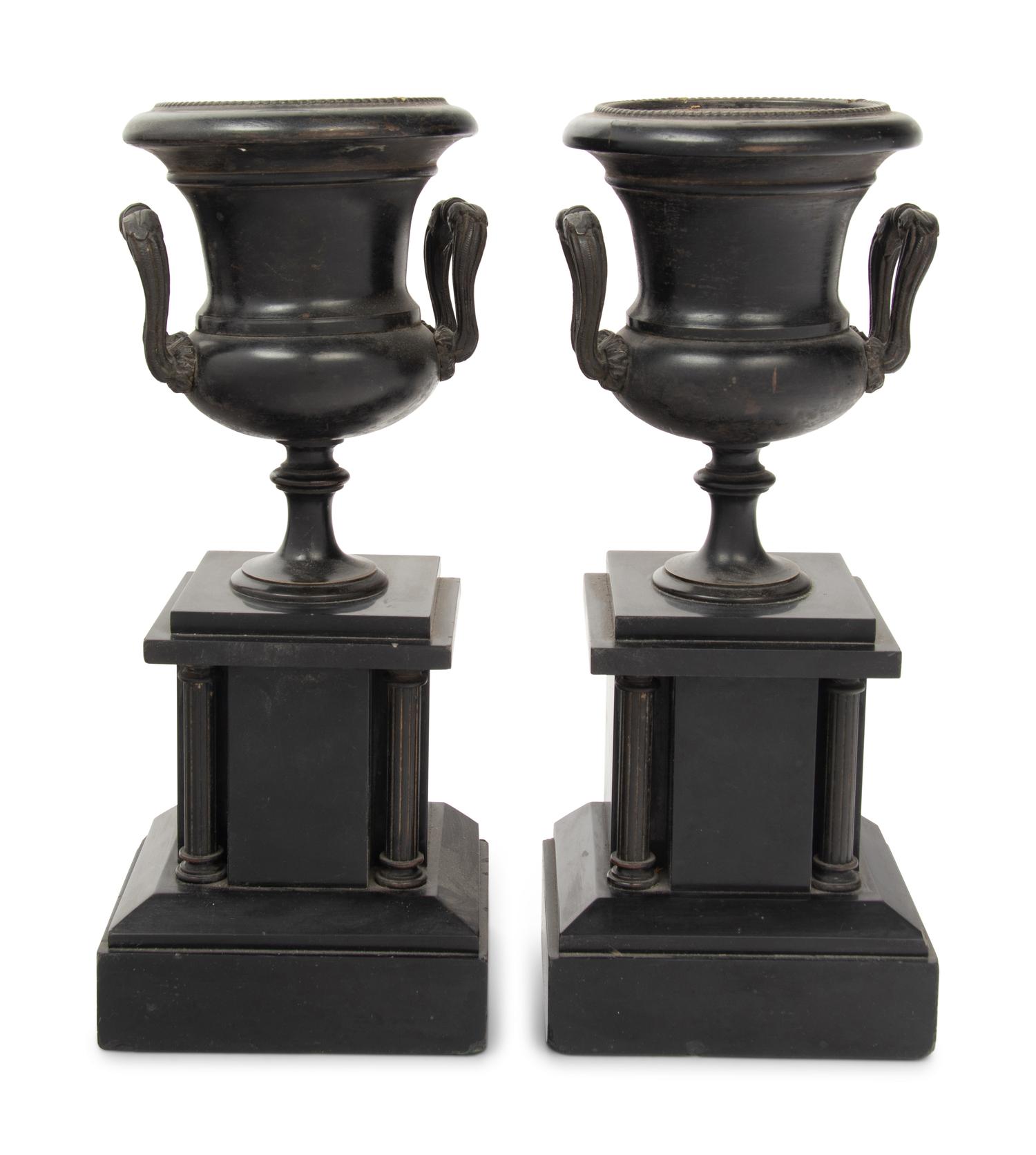 A Pair of Continental Patinated Metal Urns