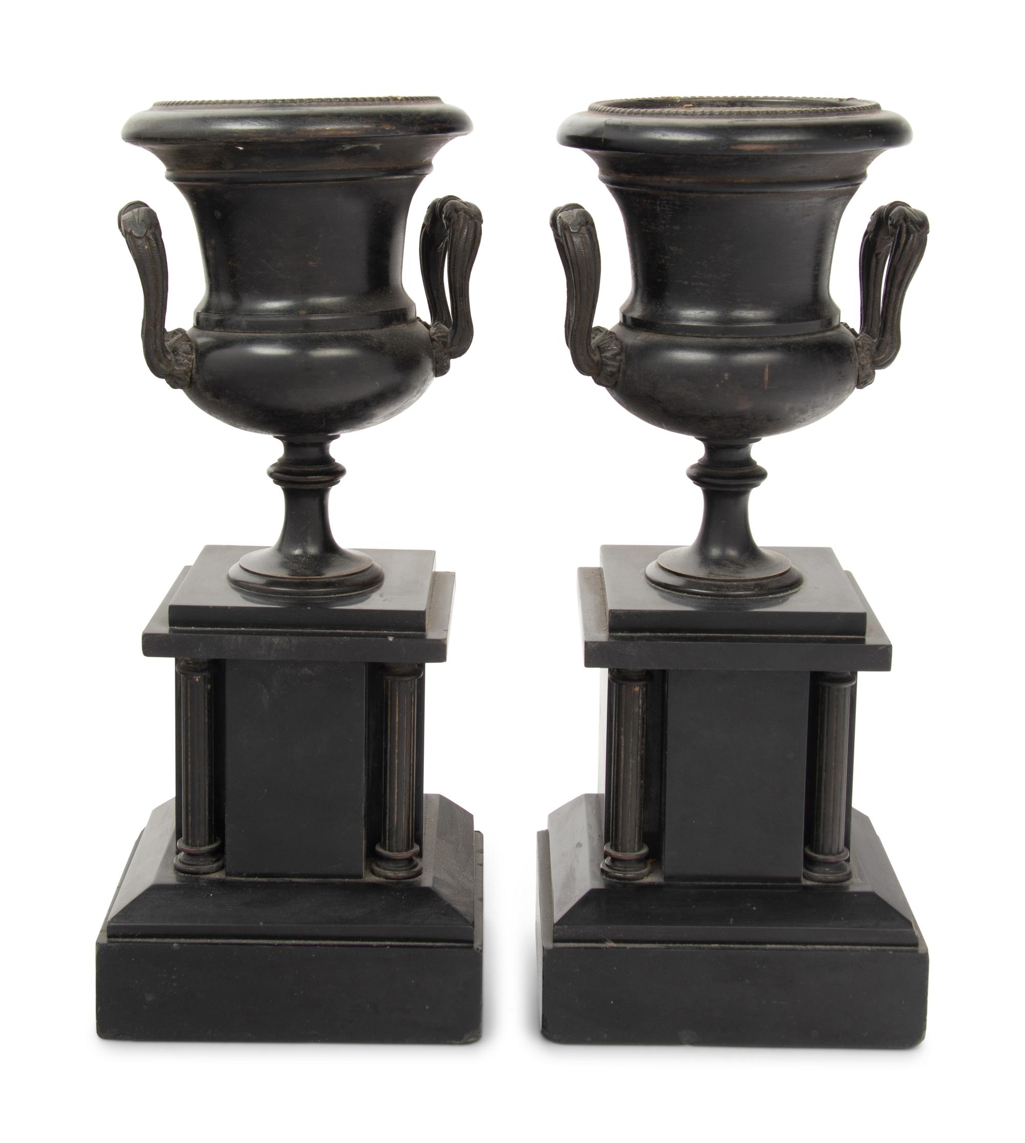 A Pair of Continental Patinated Metal Urns