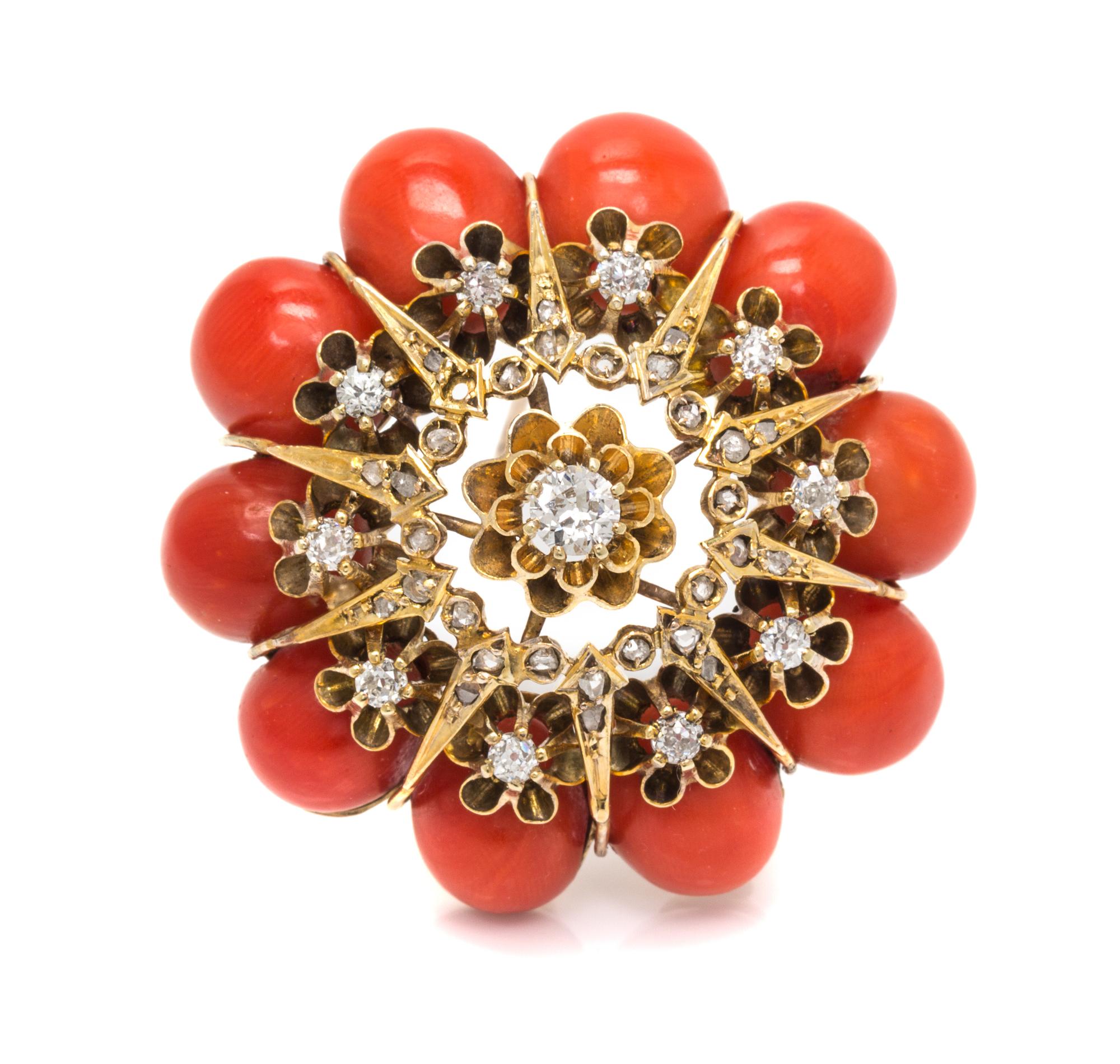A Yellow Gold, Coral and Diamond Brooch, 15.10 dwts.