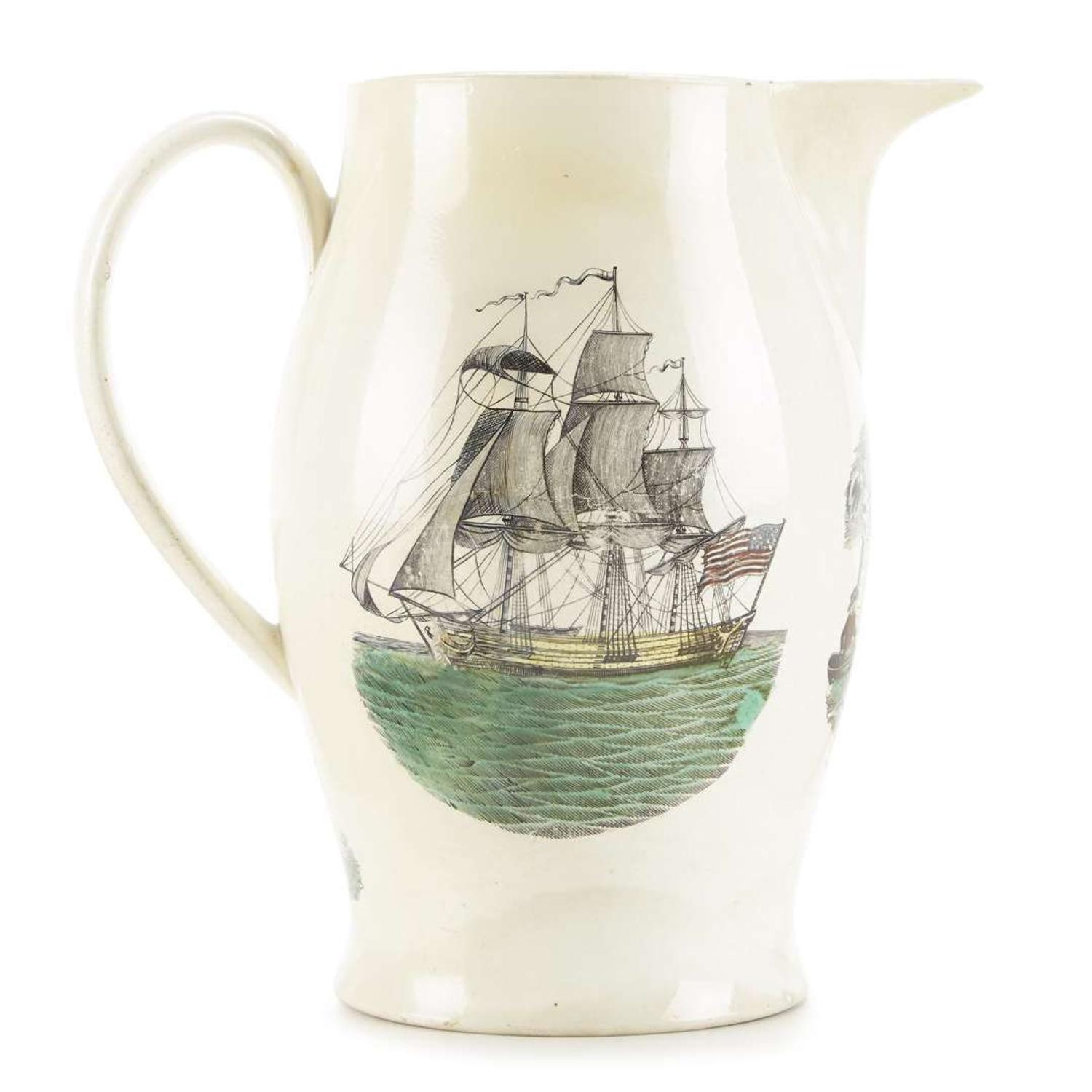 Large transfer-decorated and polychrome enameled creamware presentation jug Liverpool, England, circa 1800
