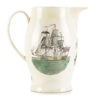 Large transfer-decorated and polychrome enameled creamware presentation jug Liverpool, England, circa 1800