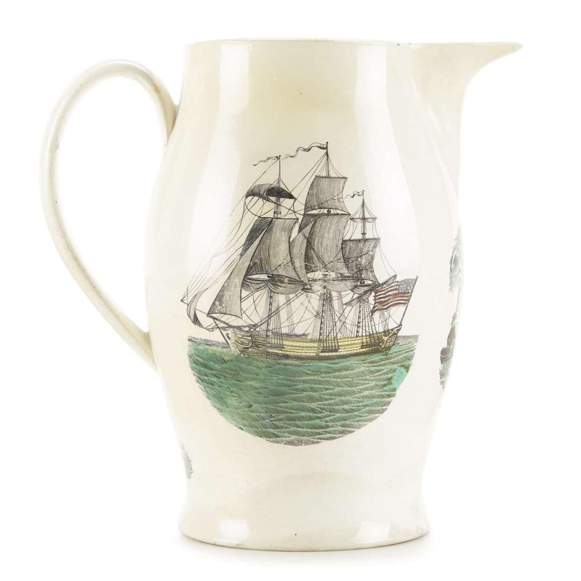 Large transfer-decorated and polychrome enameled creamware presentation jug Liverpool, England, circa 1800