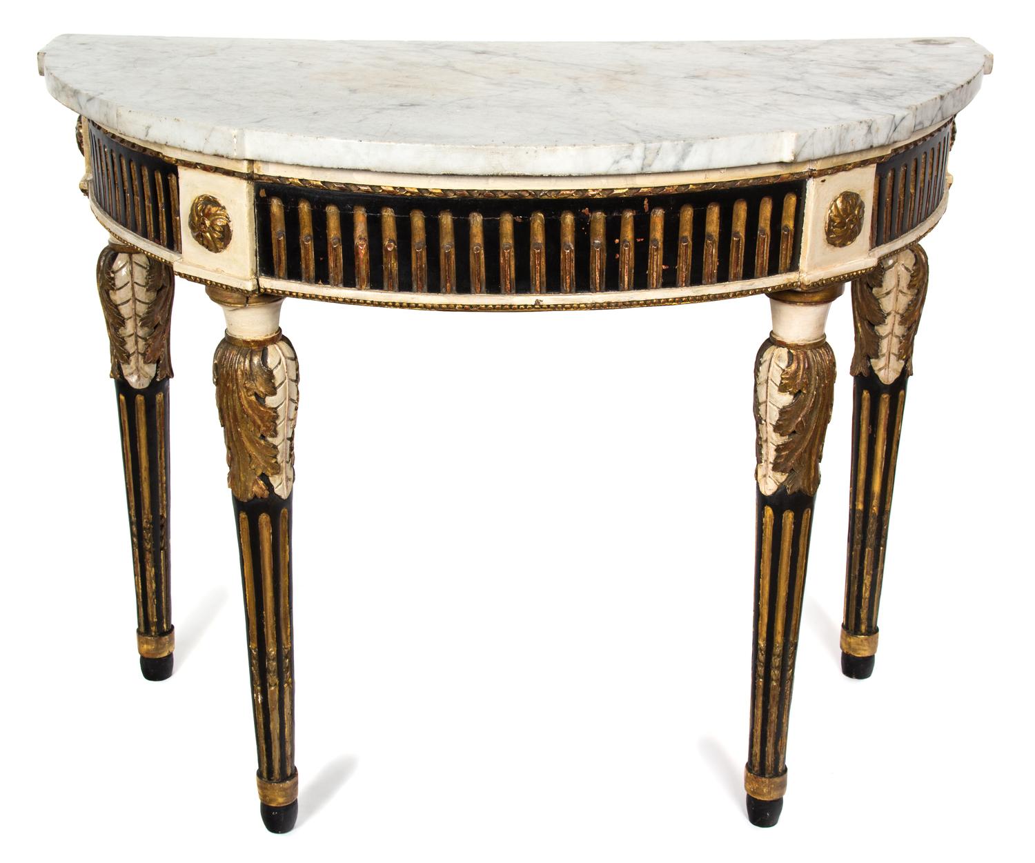 A Neoclassical Demilune Console Table Height 48 x width 32 1/2 inches. — 18TH CENTURY