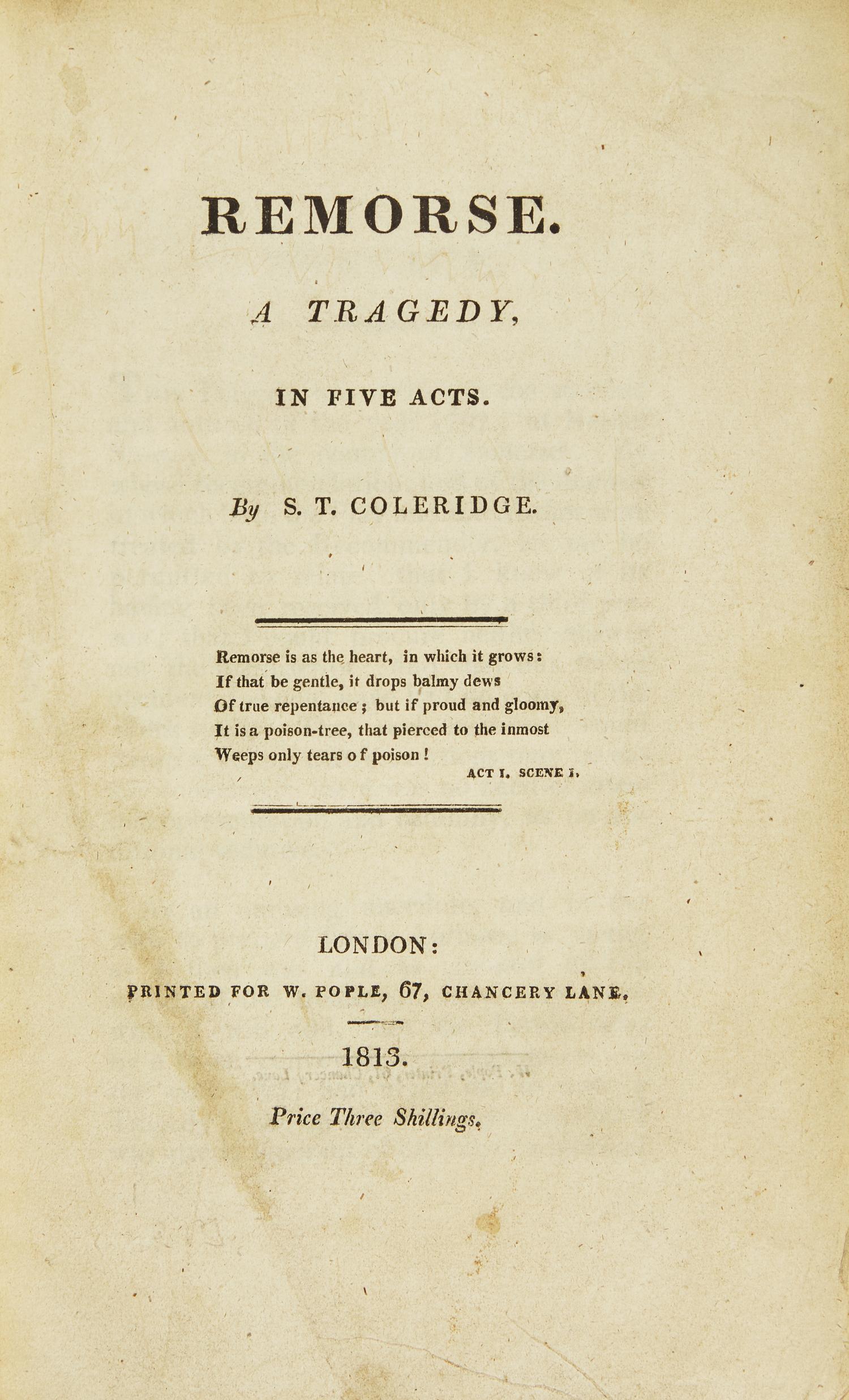 [Literature] Coleridge, S(amuel). T(aylor). Remorse. A Tragedy, In Five Acts