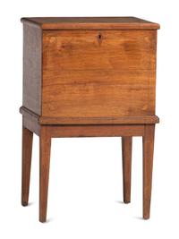 A Late Federal Inlaid Walnut and Cherrywood Sugar Chest on Stand