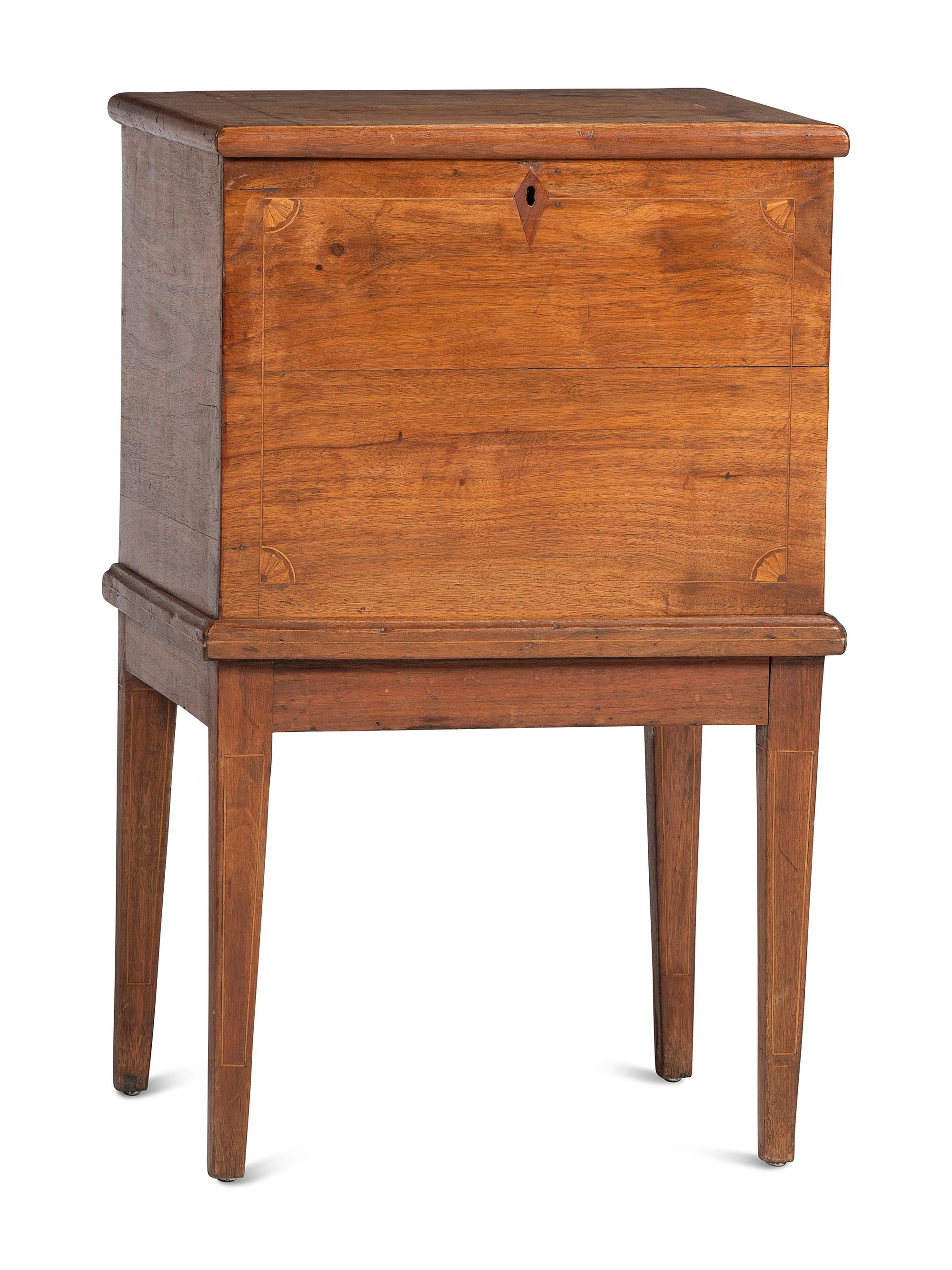 A Late Federal Inlaid Walnut and Cherrywood Sugar Chest on Stand