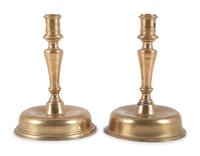 A Pair of Spanish Brass Low Bell Candlesticks