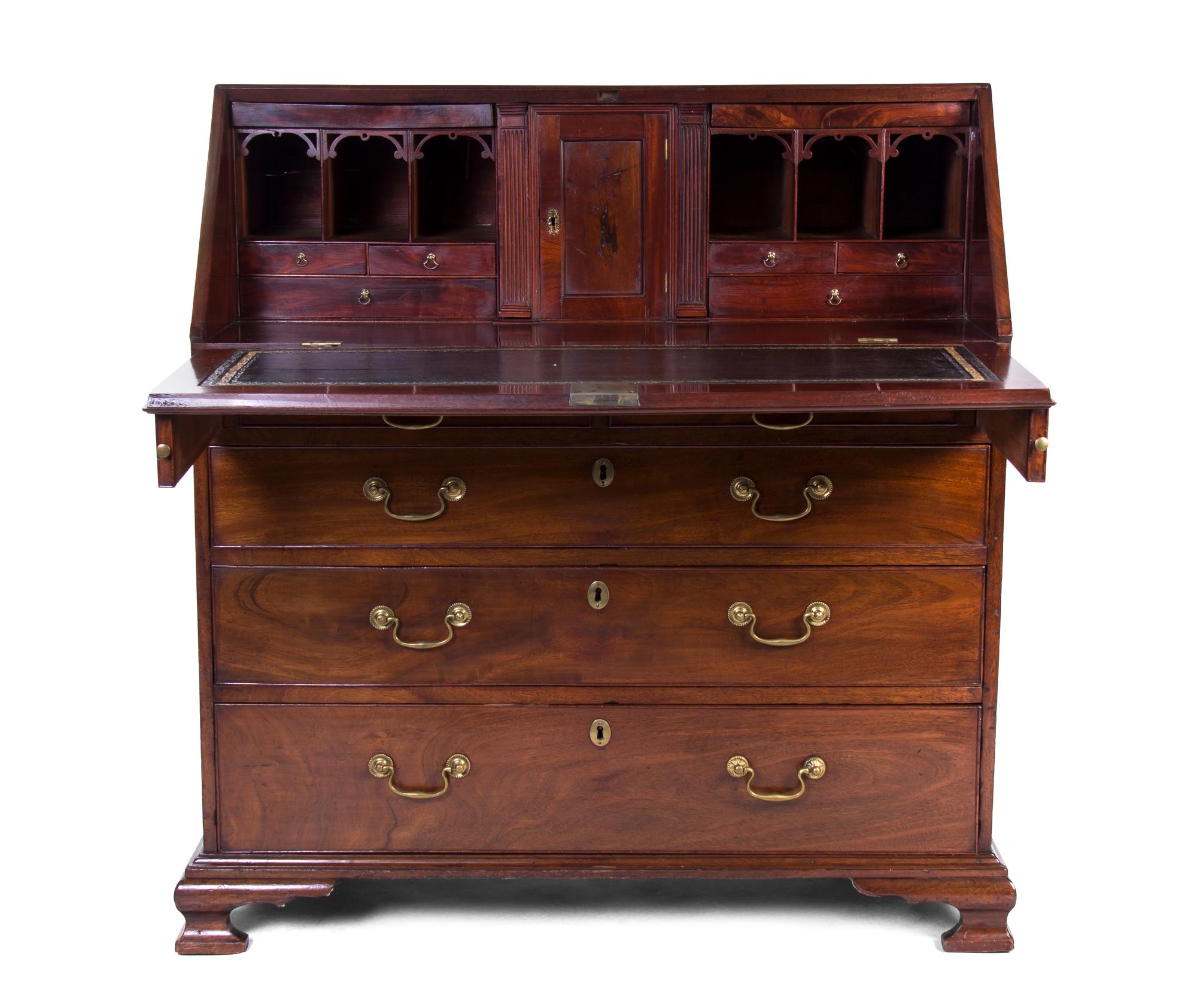 A Chippendale Style Mahogany Slant Front Bureau, Height 42 x width 39 1/2 x depth 21 1/2 inches.
