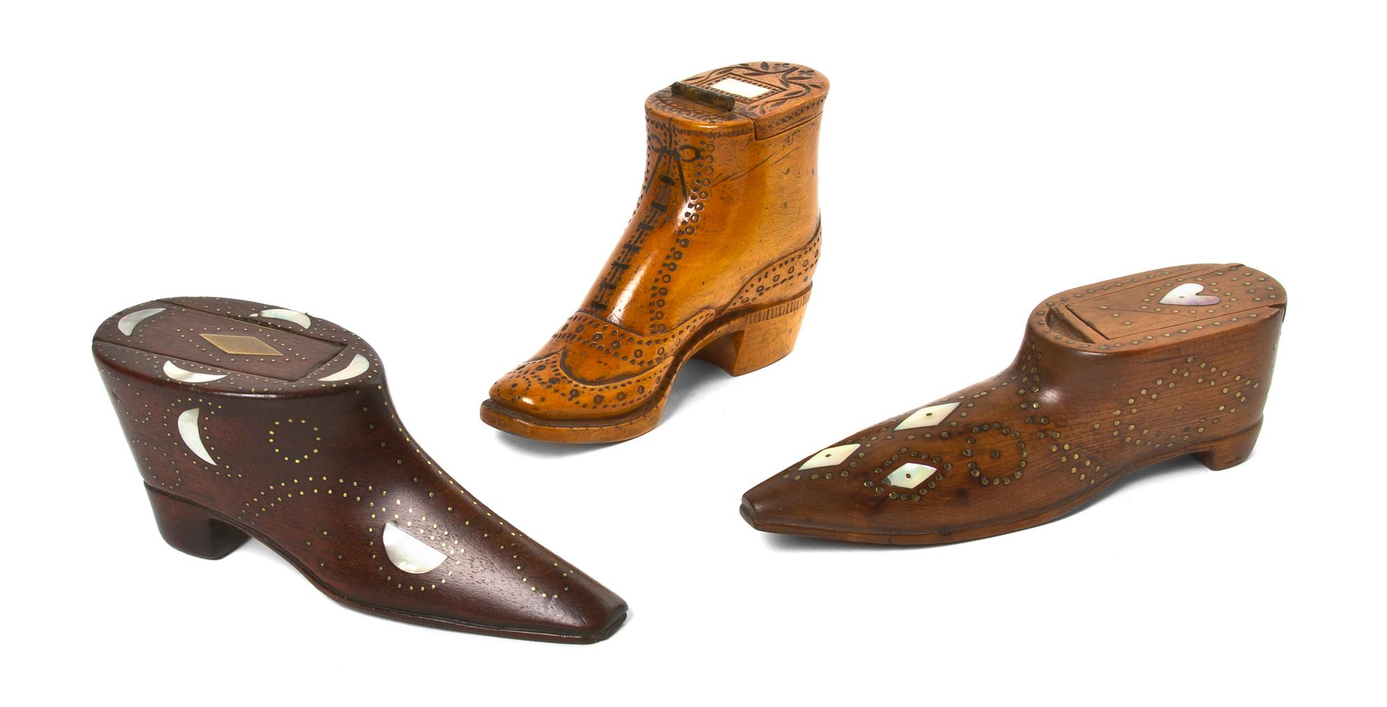 Three Carved Wood Shoe Form Boxes, Length of longest 4 1/2 inches.