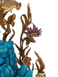 A Pair of French Gilt Bronze Mounted Turquoise Glazed Porcelain Guardian Lion Candelabra