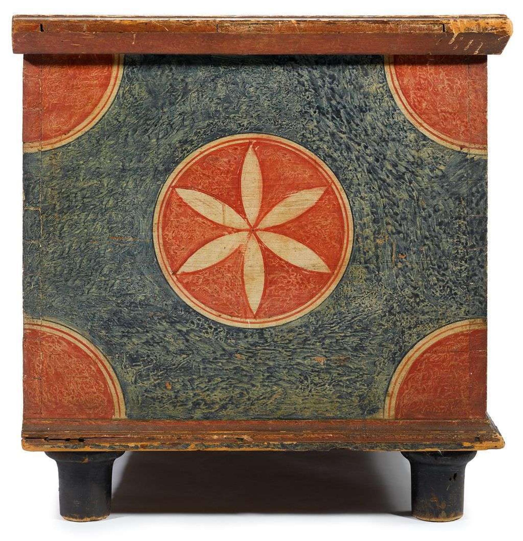 Painted and grain painted dower chest pennsylvania, early 19th century
