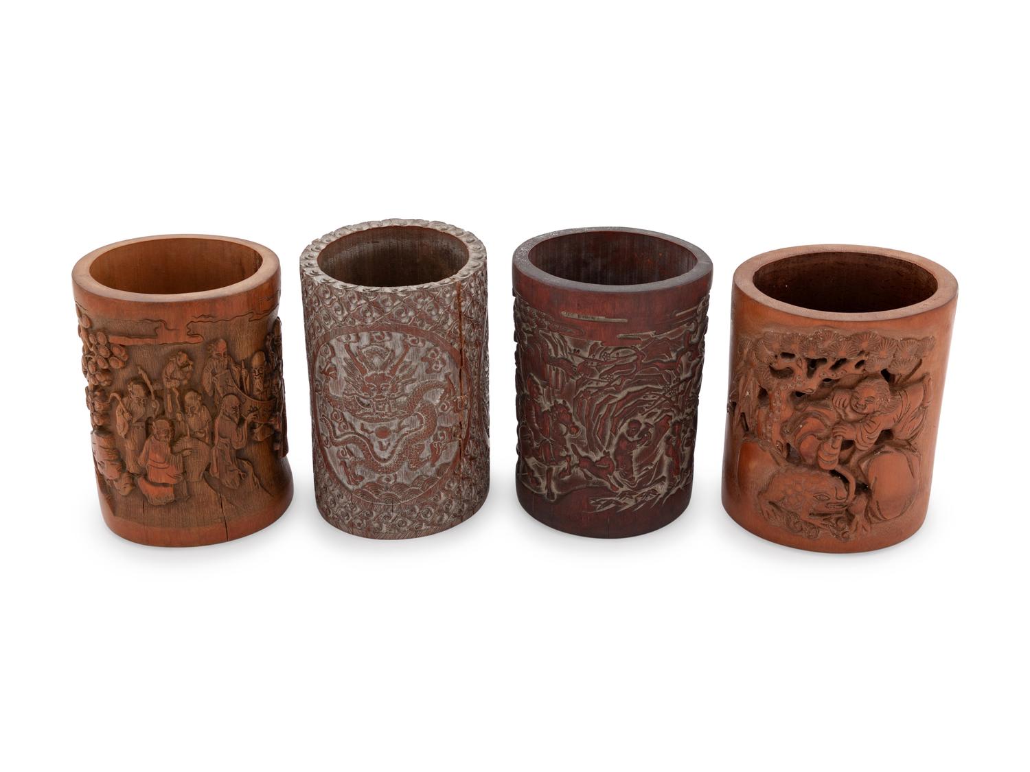 Four Chinese Bamboo Brush Pots, Bitong