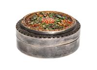 A Chinese Cast Metal Box, Early 20th Century, of circular form with carved floral decoration.