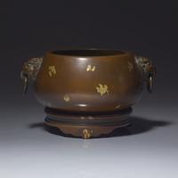 A Chinese Patinated and 'Gold-Splashed' Copper Alloy Censer and Stand — 銅灑金雙耳爐