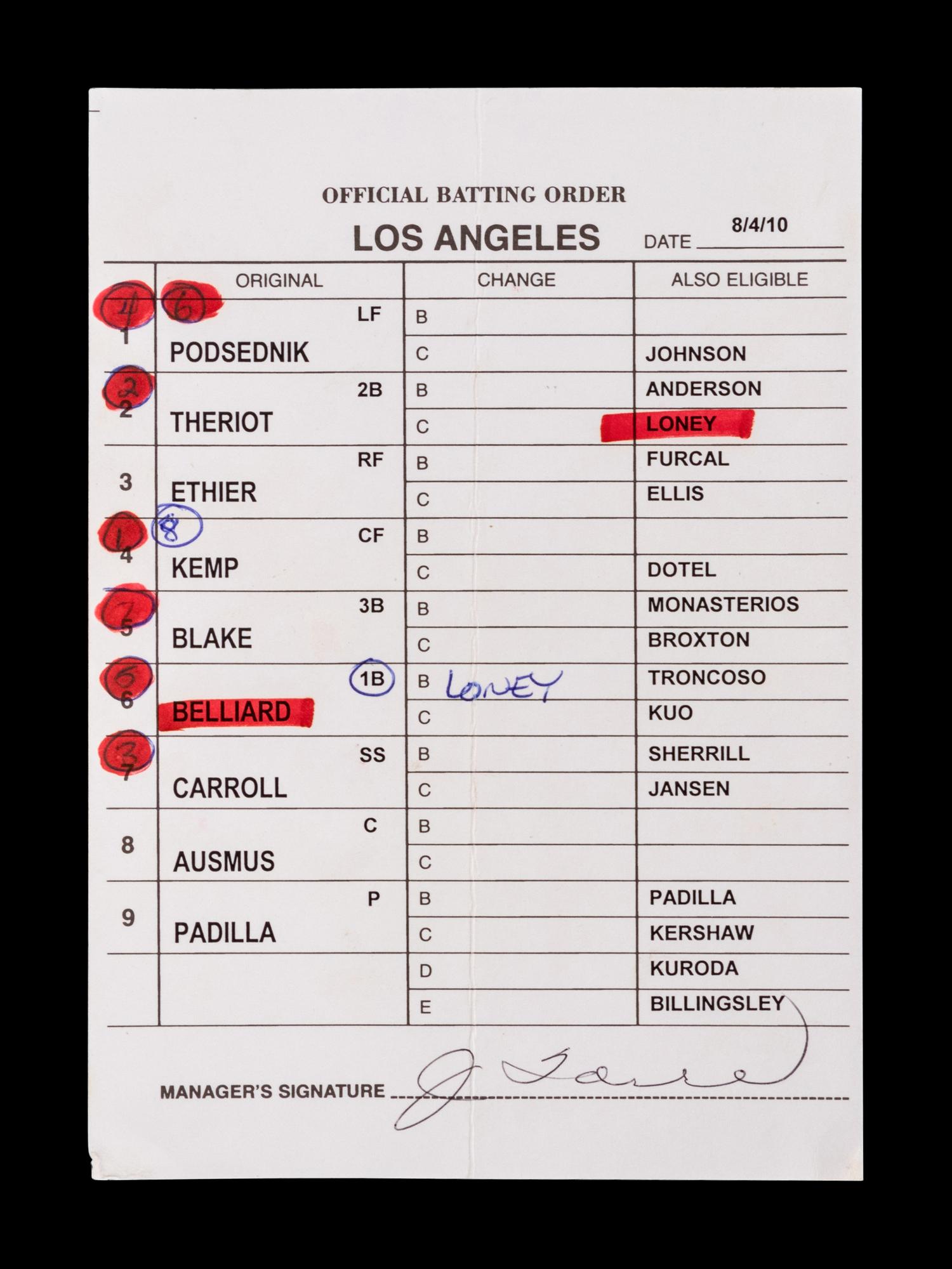 A Group of Five 2010 Joe Torre Signed Autograph Los Angeles Dodgers Umpire Lineup Cards from The Collection of Baseball Hall of Famer Ted Simmons,