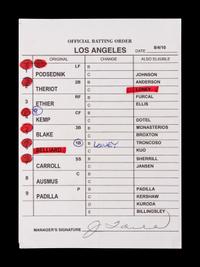 A Group of Five 2010 Joe Torre Signed Autograph Los Angeles Dodgers Umpire Lineup Cards from The Collection of Baseball Hall of Famer Ted Simmons,