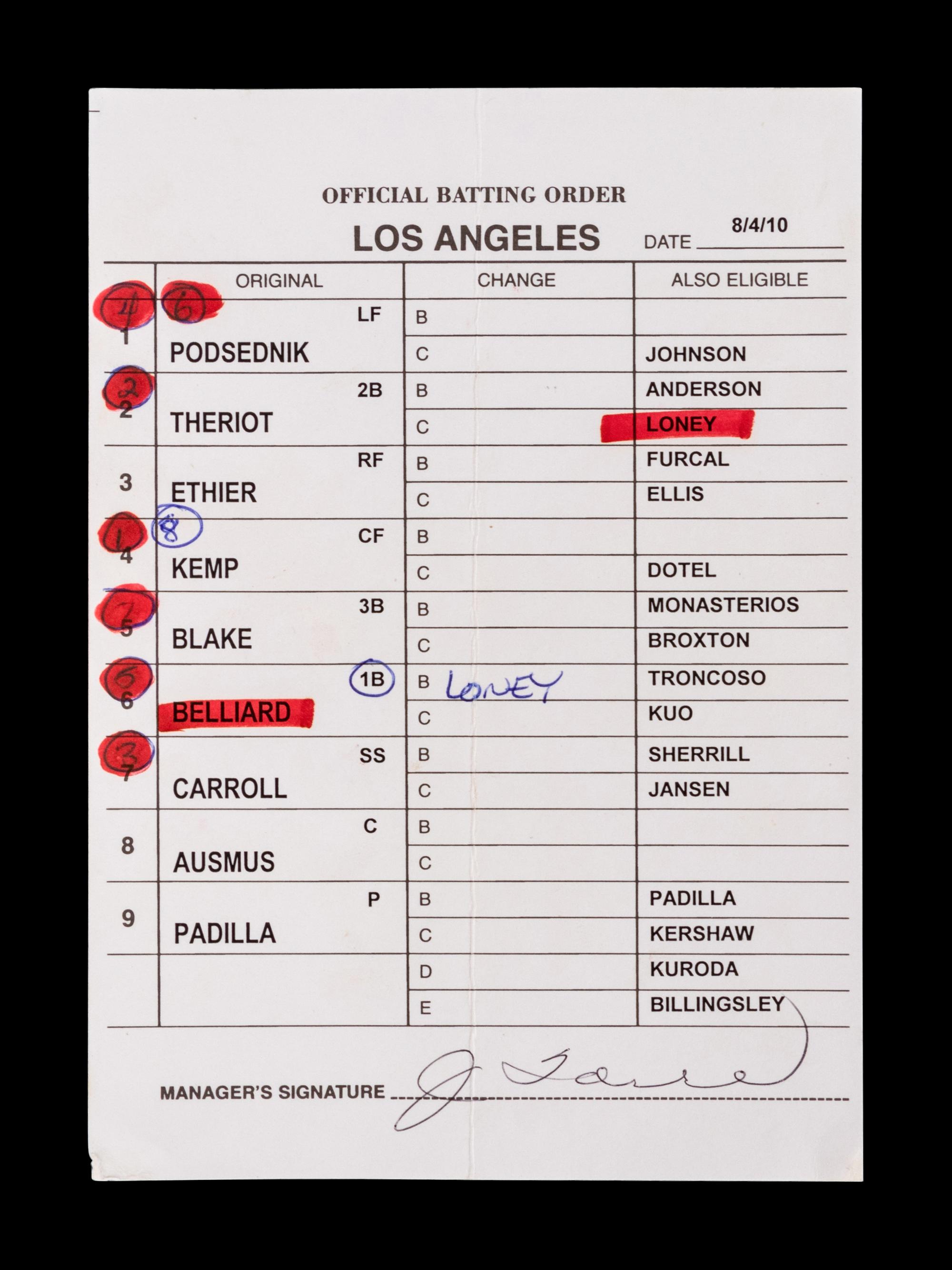 A Group of Five 2010 Joe Torre Signed Autograph Los Angeles Dodgers Umpire Lineup Cards from The Collection of Baseball Hall of Famer Ted Simmons,