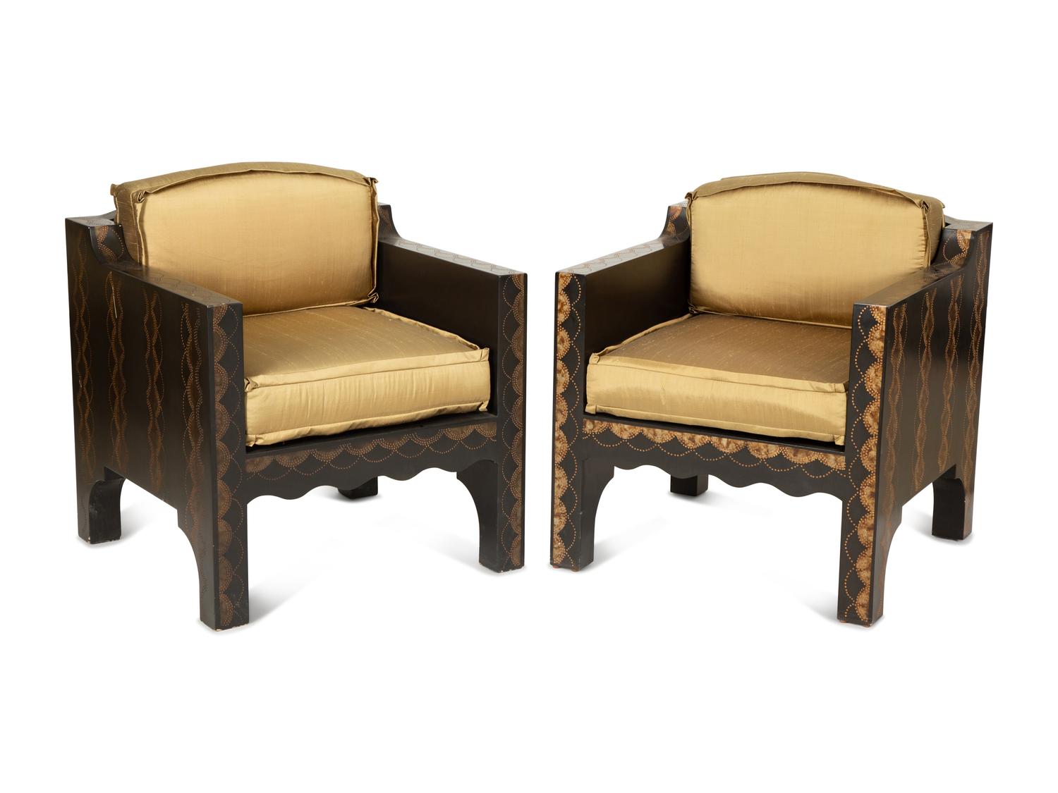 A Pair of Art Deco Style Painted and Ebonized Wood Armchairs — 20th Century