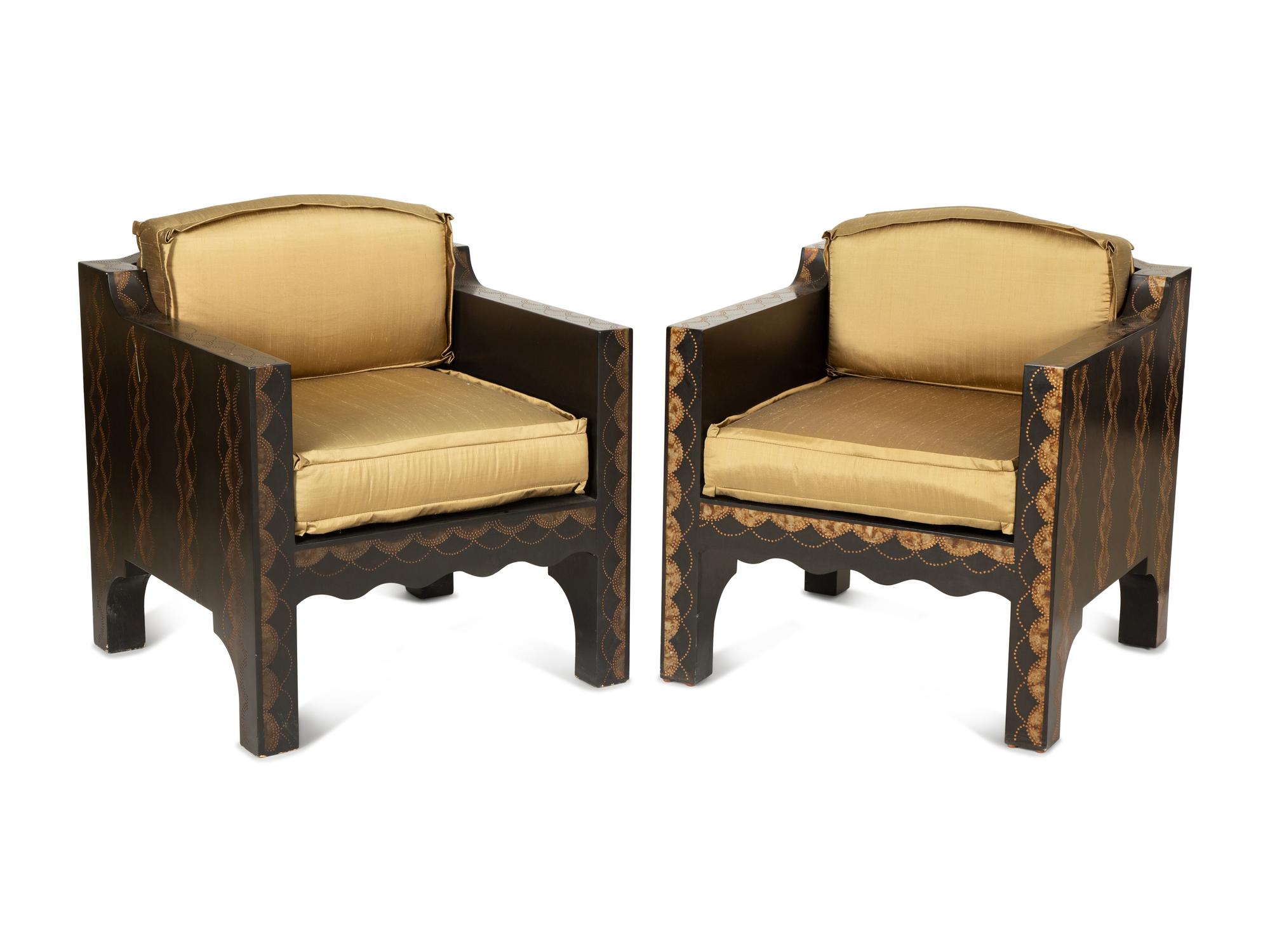 A Pair of Art Deco Style Painted and Ebonized Wood Armchairs — 20th Century