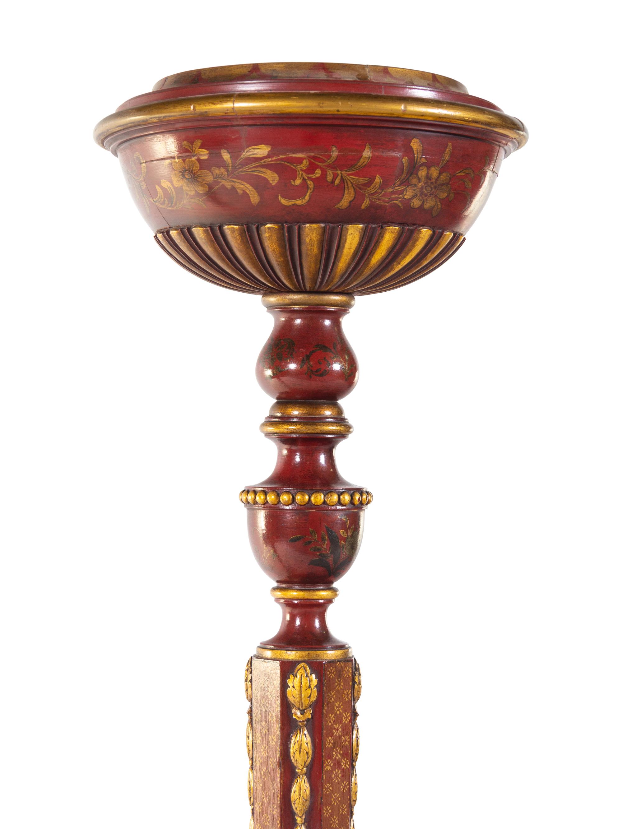A Pair of English Lacquered and Chinoiserie Decorated Torchères