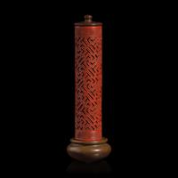 A Chinese Enameled Porcelain Faux Bronze and Lacquer Perfumier — 瓷胎仿剔紅萬字不到頭香筒